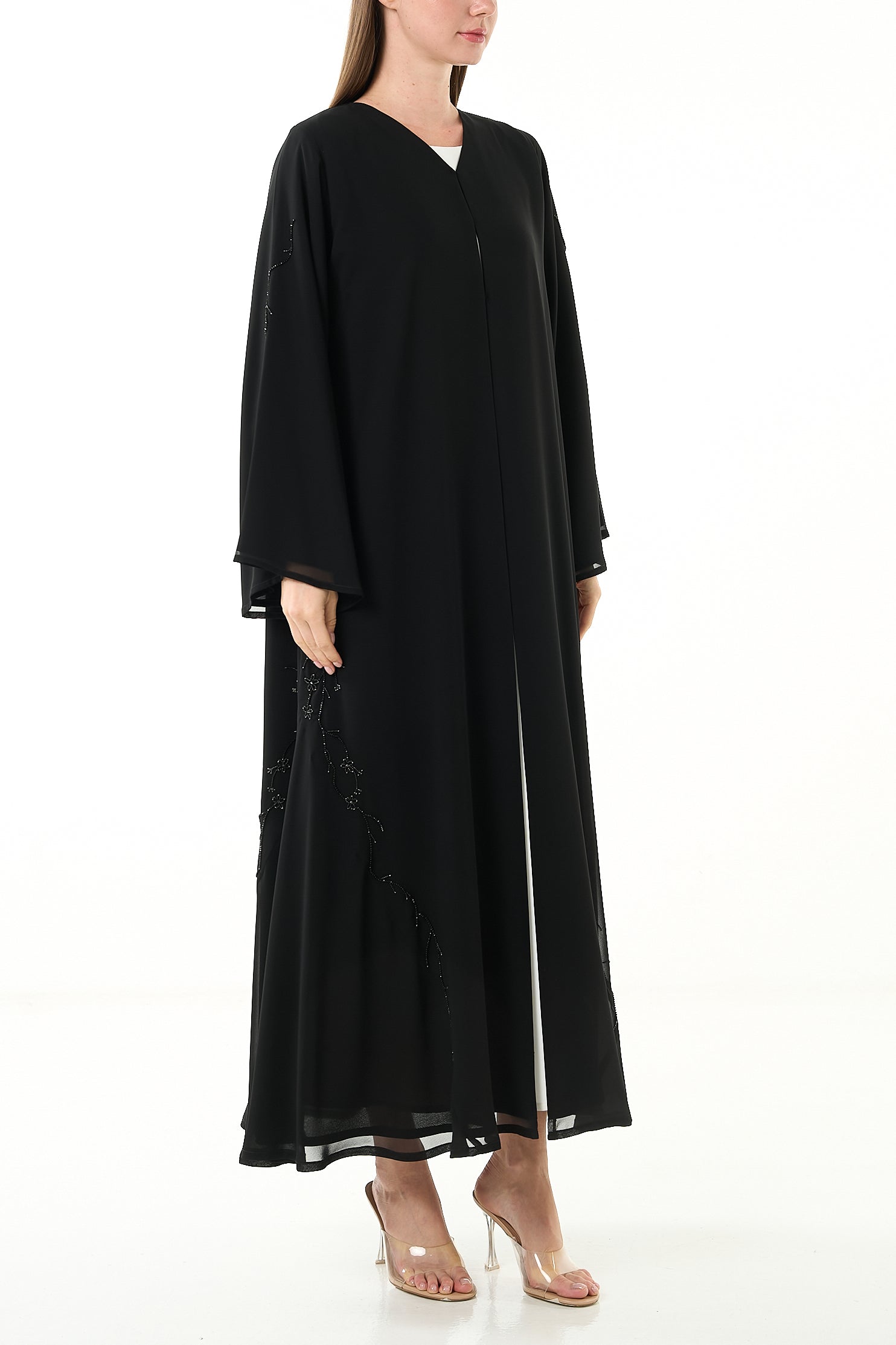 Black Malika Chiffon Abaya with Layered Klosh Cut and Bead Embellished Panel - Posh Abaya