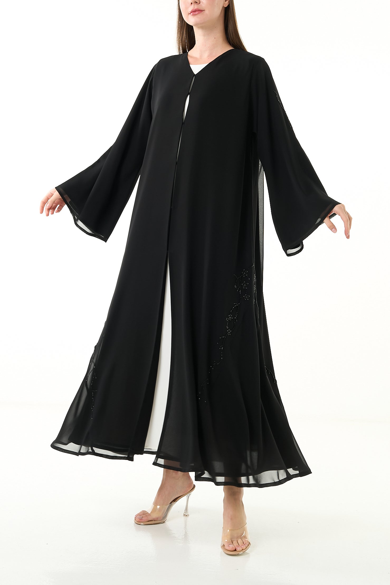 Black Malika Chiffon Abaya with Layered Klosh Cut and Bead Embellished Panel - Posh Abaya