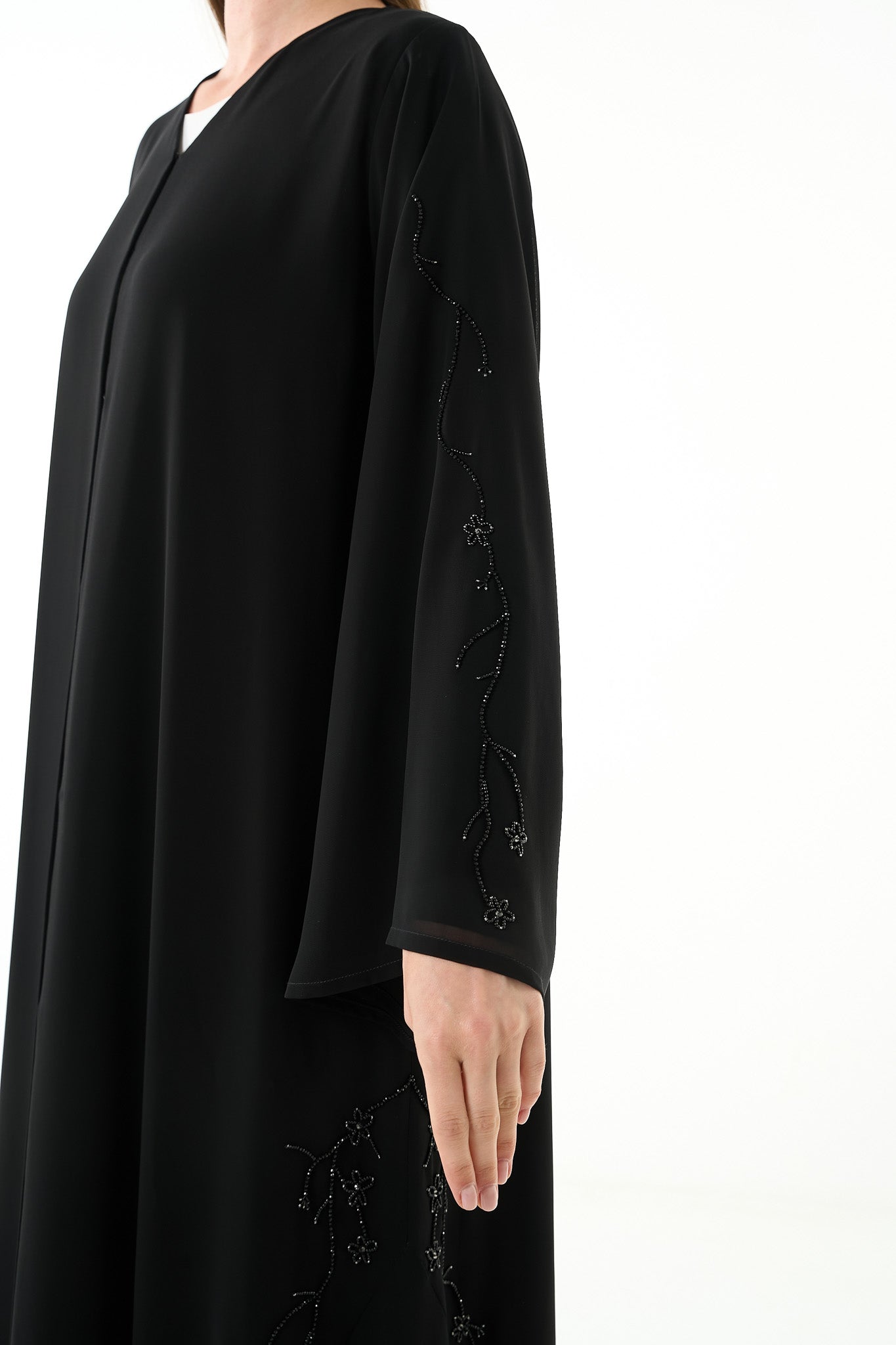 Black Malika Chiffon Abaya with Layered Klosh Cut and Bead Embellished Panel - Posh Abaya