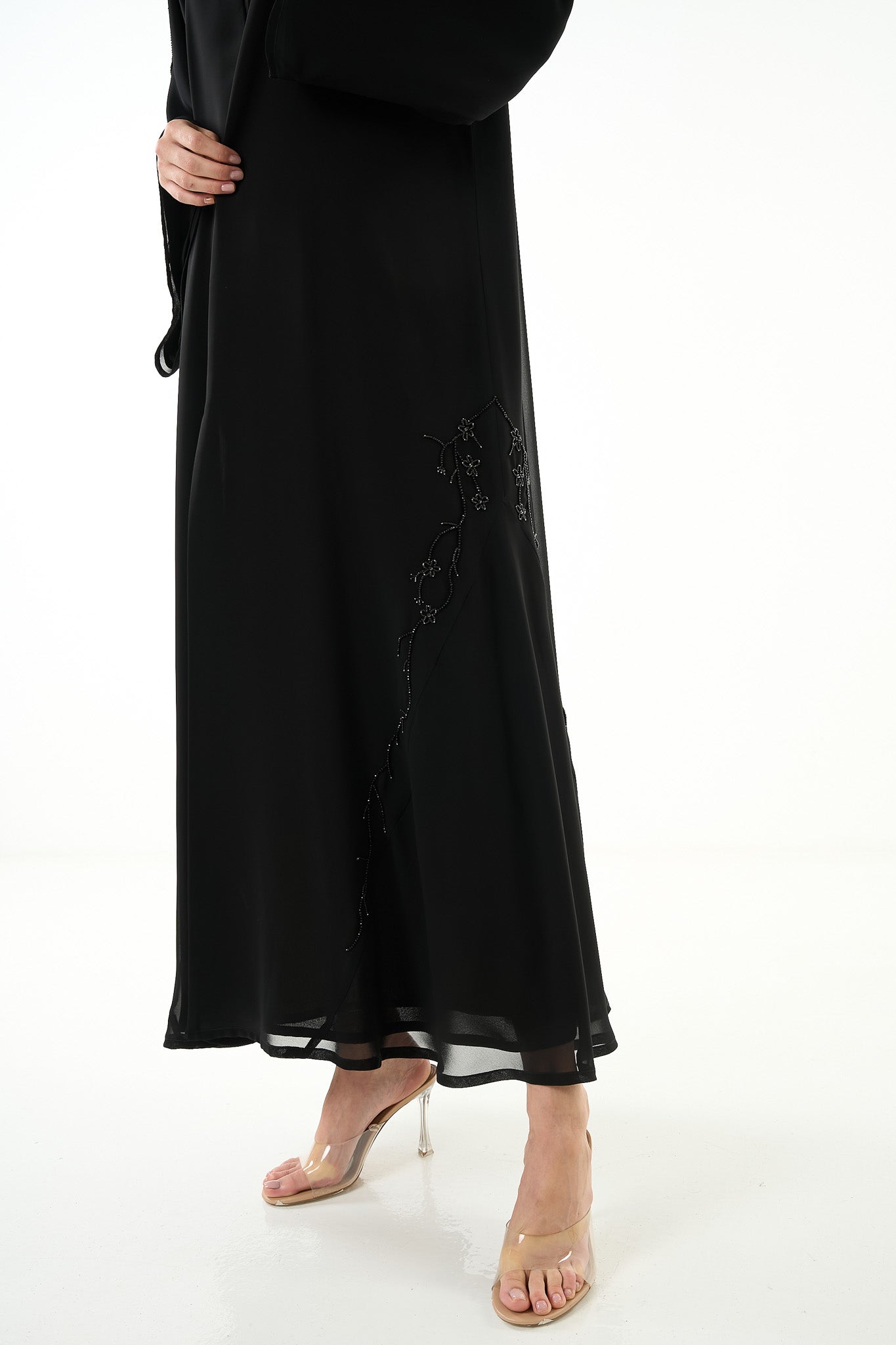 Black Malika Chiffon Abaya with Layered Klosh Cut and Bead Embellished Panel - Posh Abaya