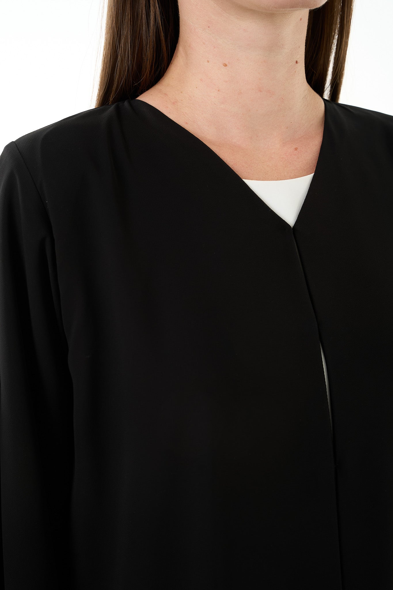 Black Malika Chiffon Abaya with Layered Klosh Cut and Bead Embellished Panel - Posh Abaya