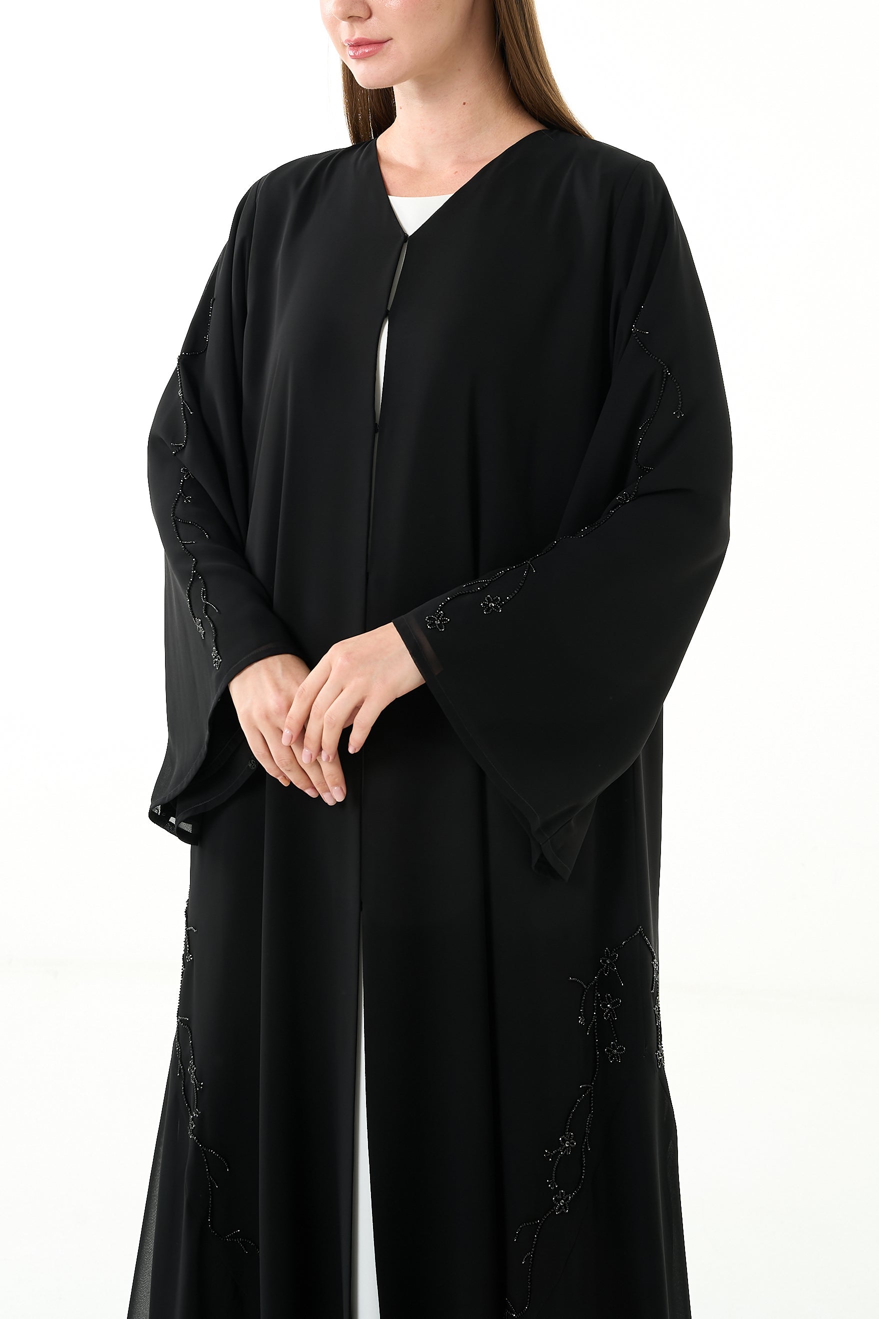 Black Malika Chiffon Abaya with Layered Klosh Cut and Bead Embellished Panel - Posh Abaya