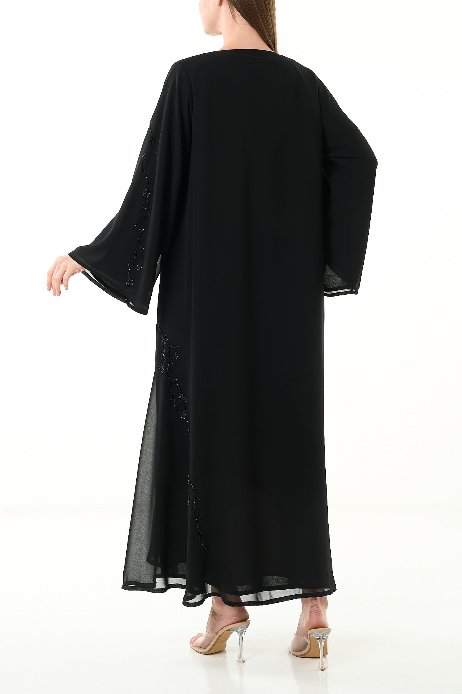 Black Malika Chiffon Abaya with Layered Klosh Cut and Bead Embellished Panel - Posh Abaya