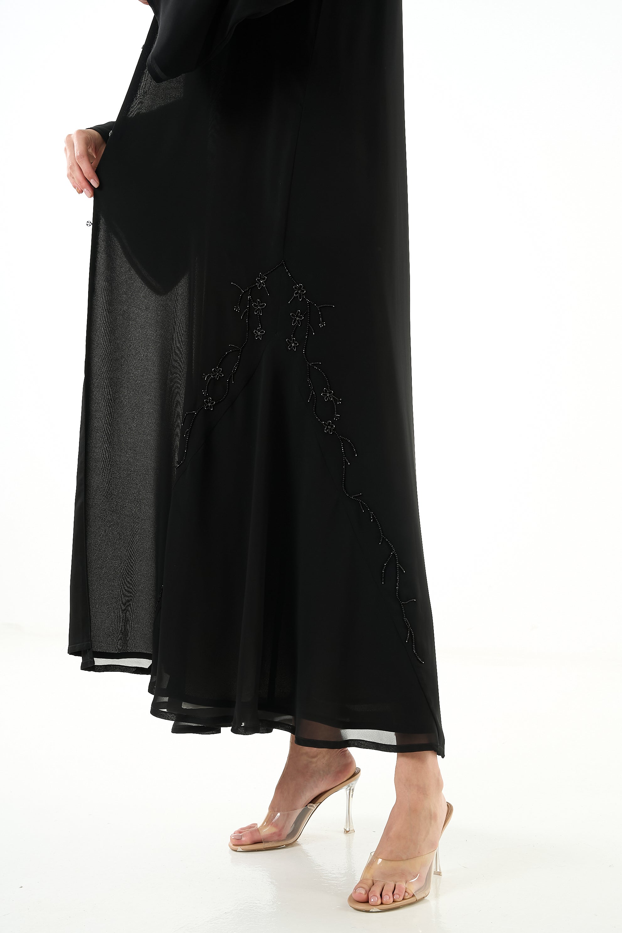 Black Malika Chiffon Abaya with Layered Klosh Cut and Bead Embellished Panel - Posh Abaya