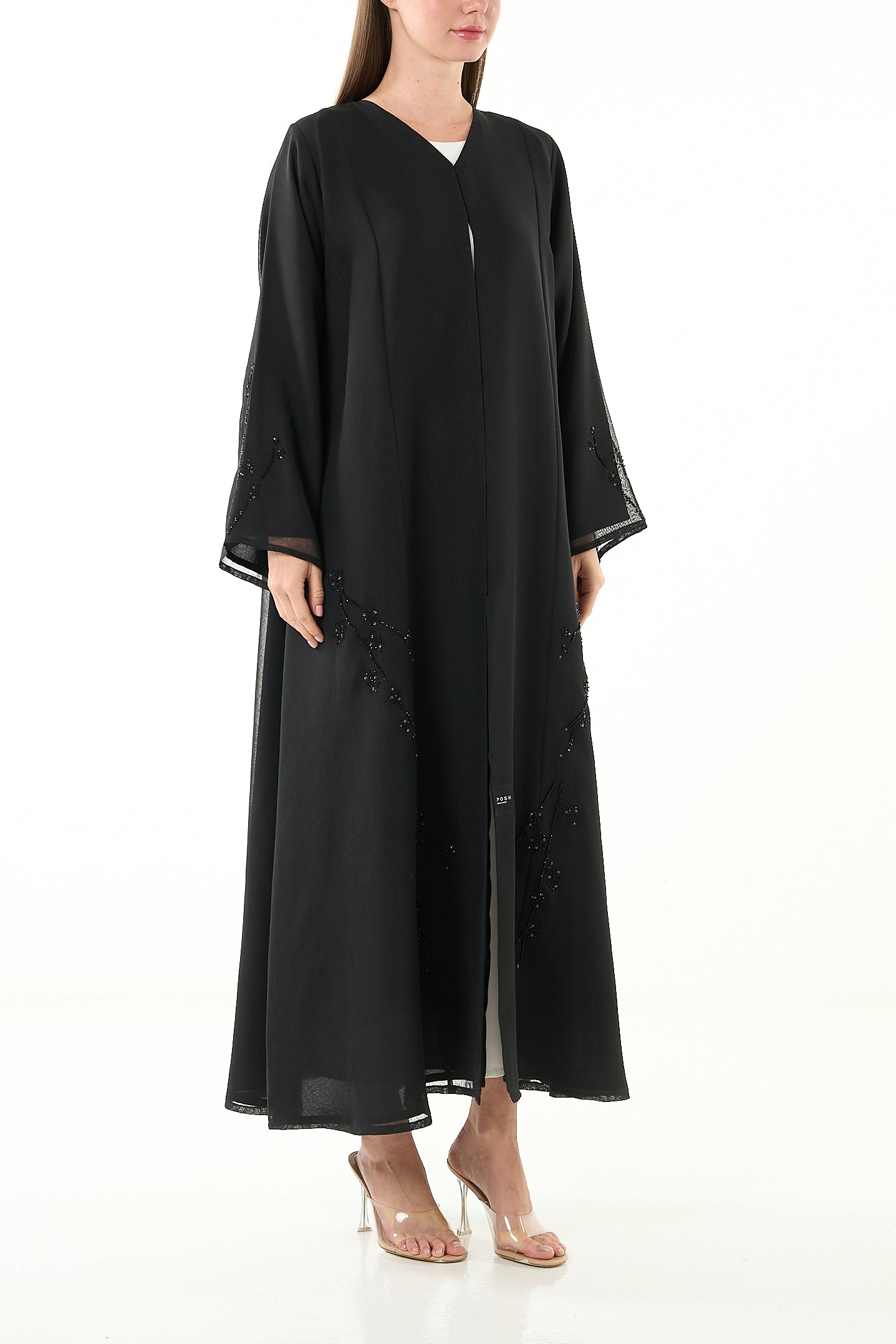 Black Sada Organza Abaya with Klosh Cut and Silver Bead Embellishment - Posh Abaya