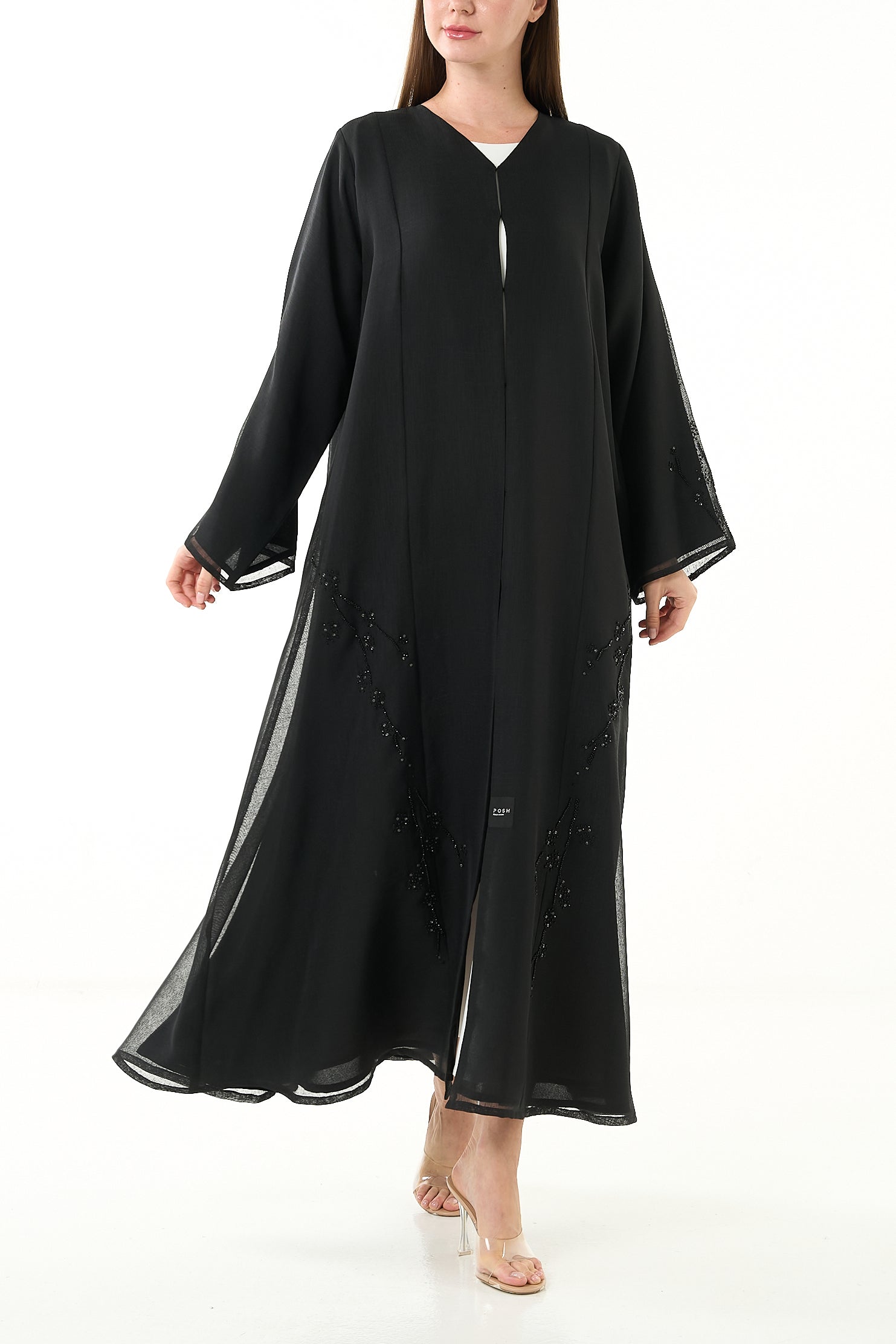 Black Sada Organza Abaya with Klosh Cut and Silver Bead Embellishment - Posh Abaya
