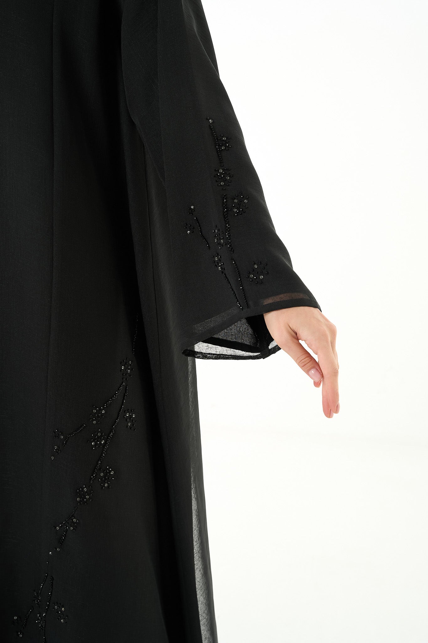 Black Sada Organza Abaya with Klosh Cut and Silver Bead Embellishment - Posh Abaya