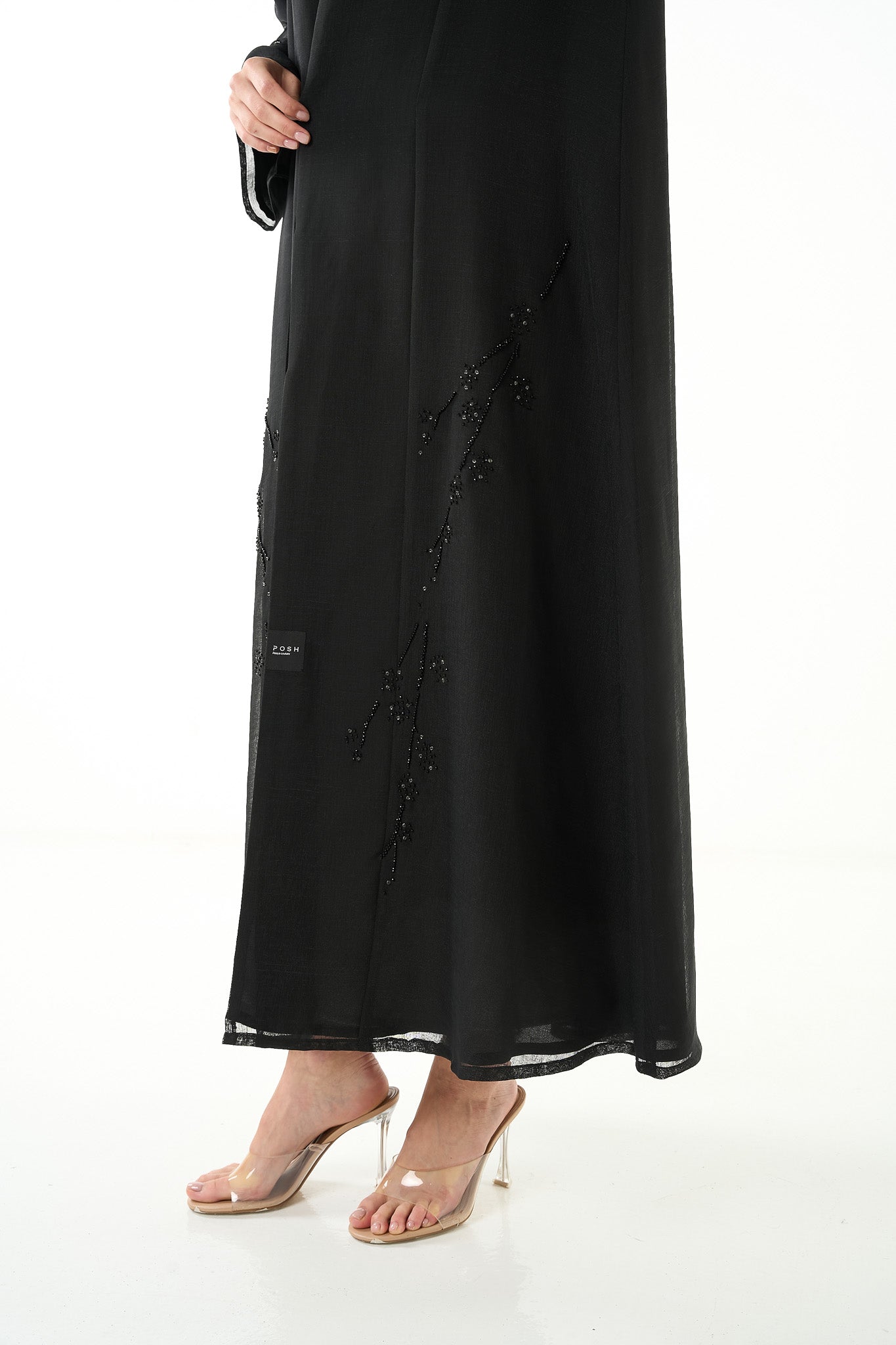 Black Sada Organza Abaya with Klosh Cut and Silver Bead Embellishment - Posh Abaya