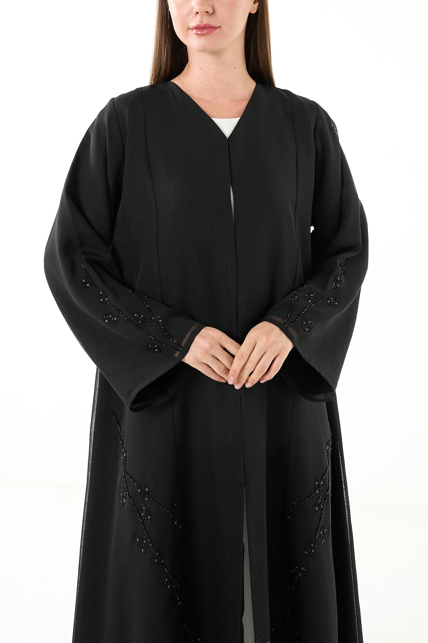 Black Sada Organza Abaya with Klosh Cut and Silver Bead Embellishment - Posh Abaya
