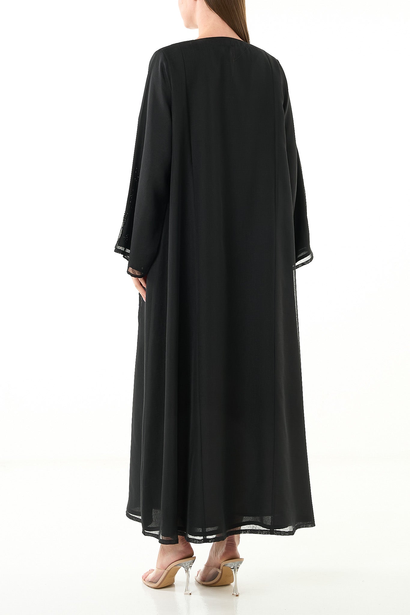 Black Sada Organza Abaya with Klosh Cut and Silver Bead Embellishment - Posh Abaya