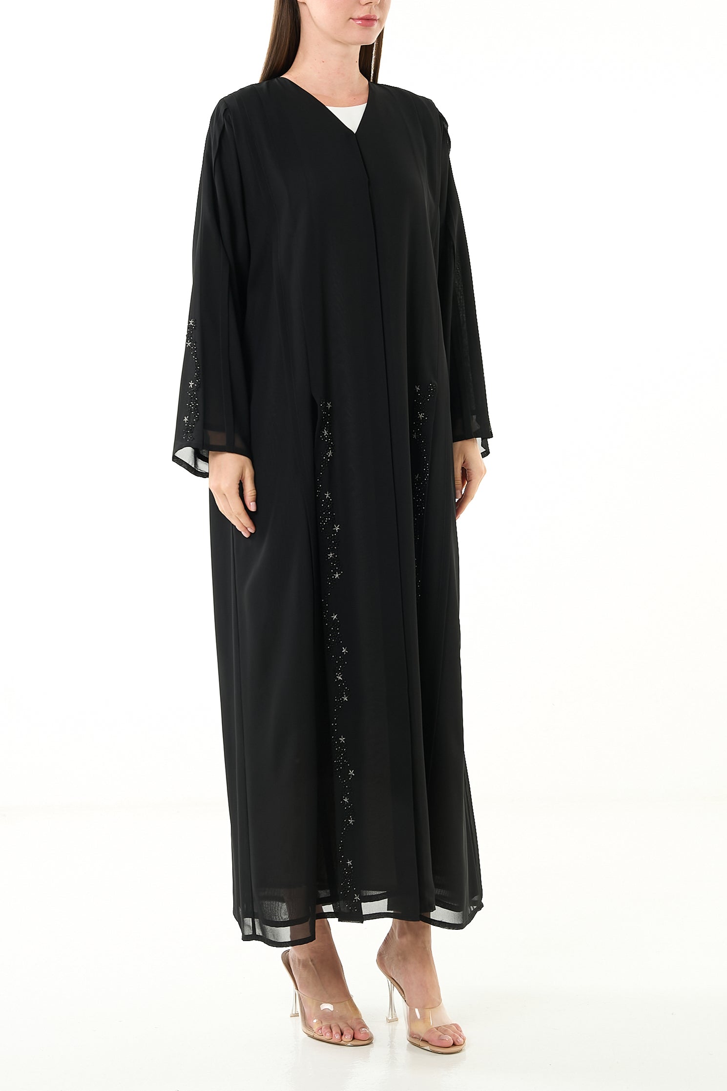 Black Khalifa Chiffon Abaya with Front Star Design and Hand Beadwork - Posh Abaya