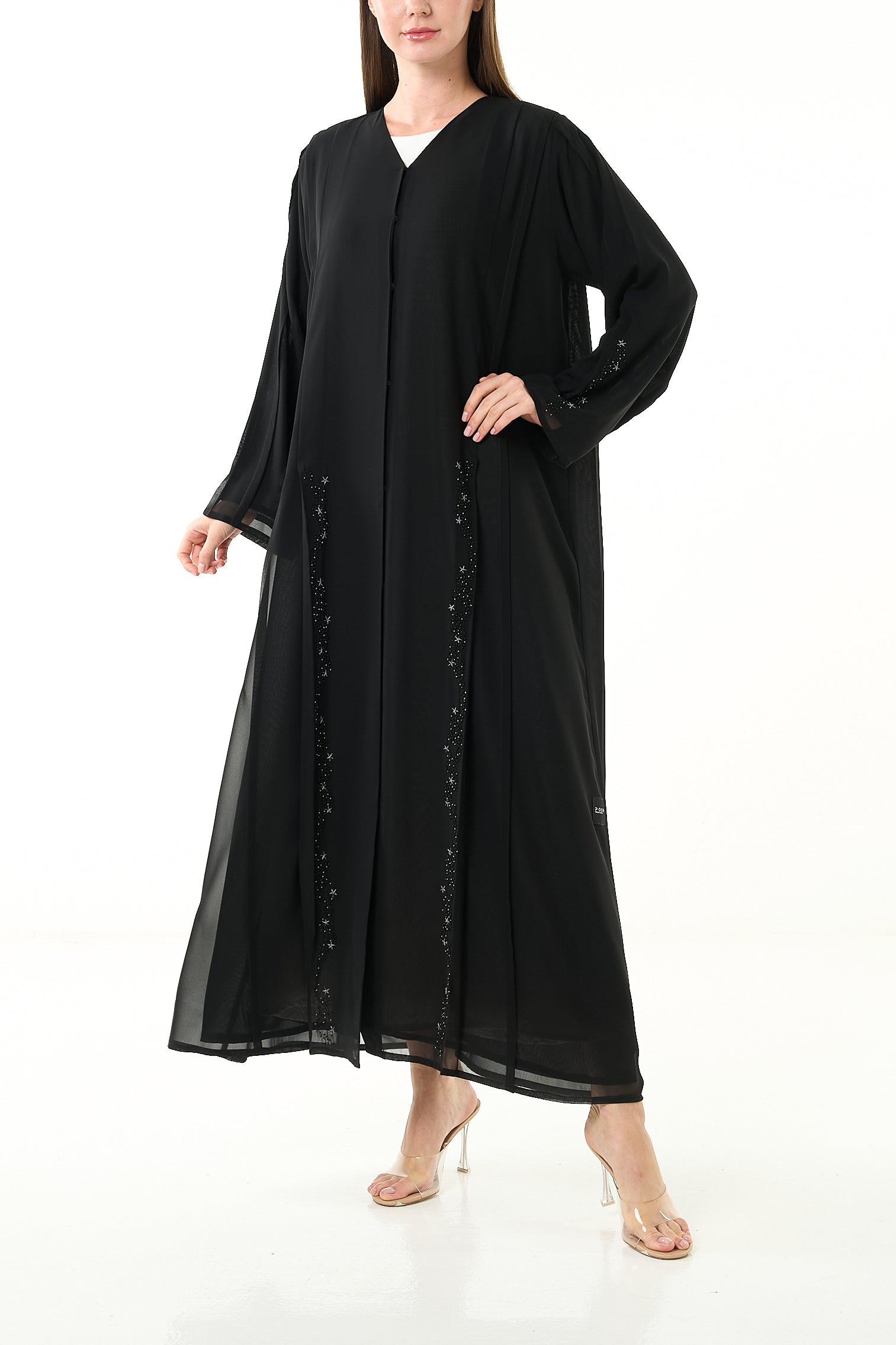 Black Khalifa Chiffon Abaya with Front Star Design and Hand Beadwork - Posh Abaya