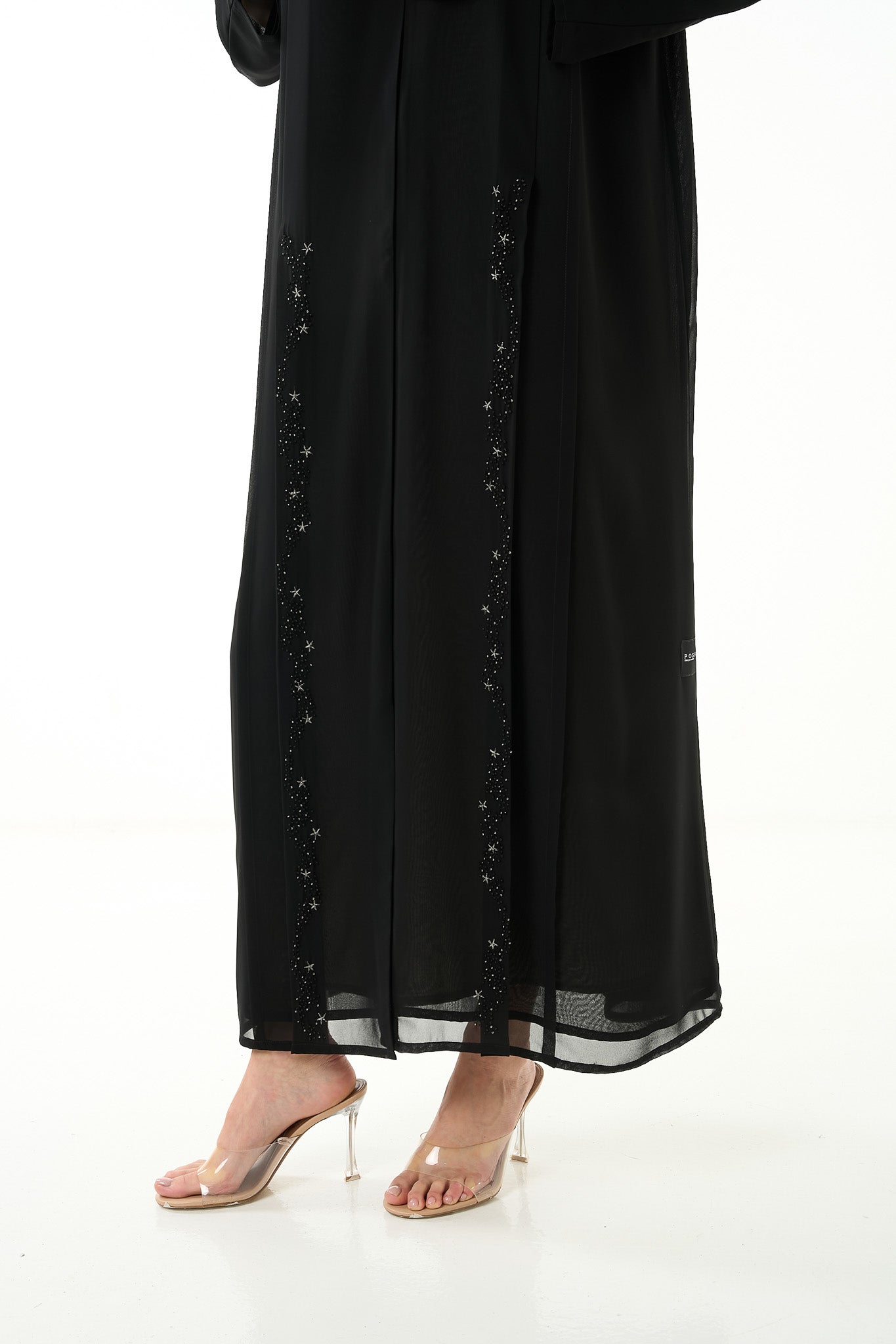 Black Khalifa Chiffon Abaya with Front Star Design and Hand Beadwork - Posh Abaya