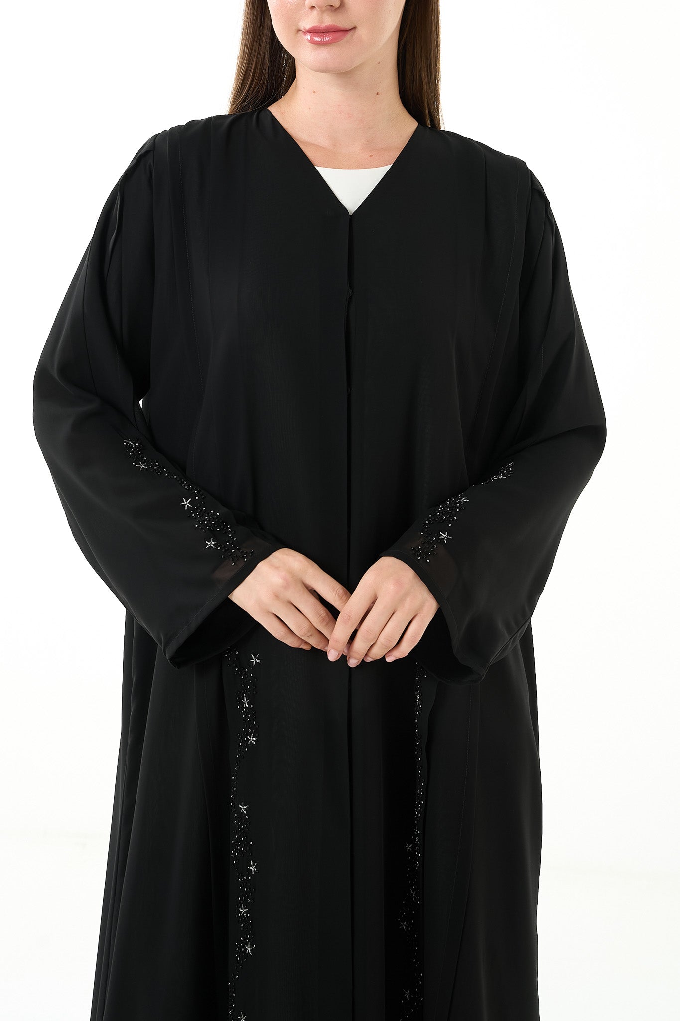 Black Khalifa Chiffon Abaya with Front Star Design and Hand Beadwork - Posh Abaya