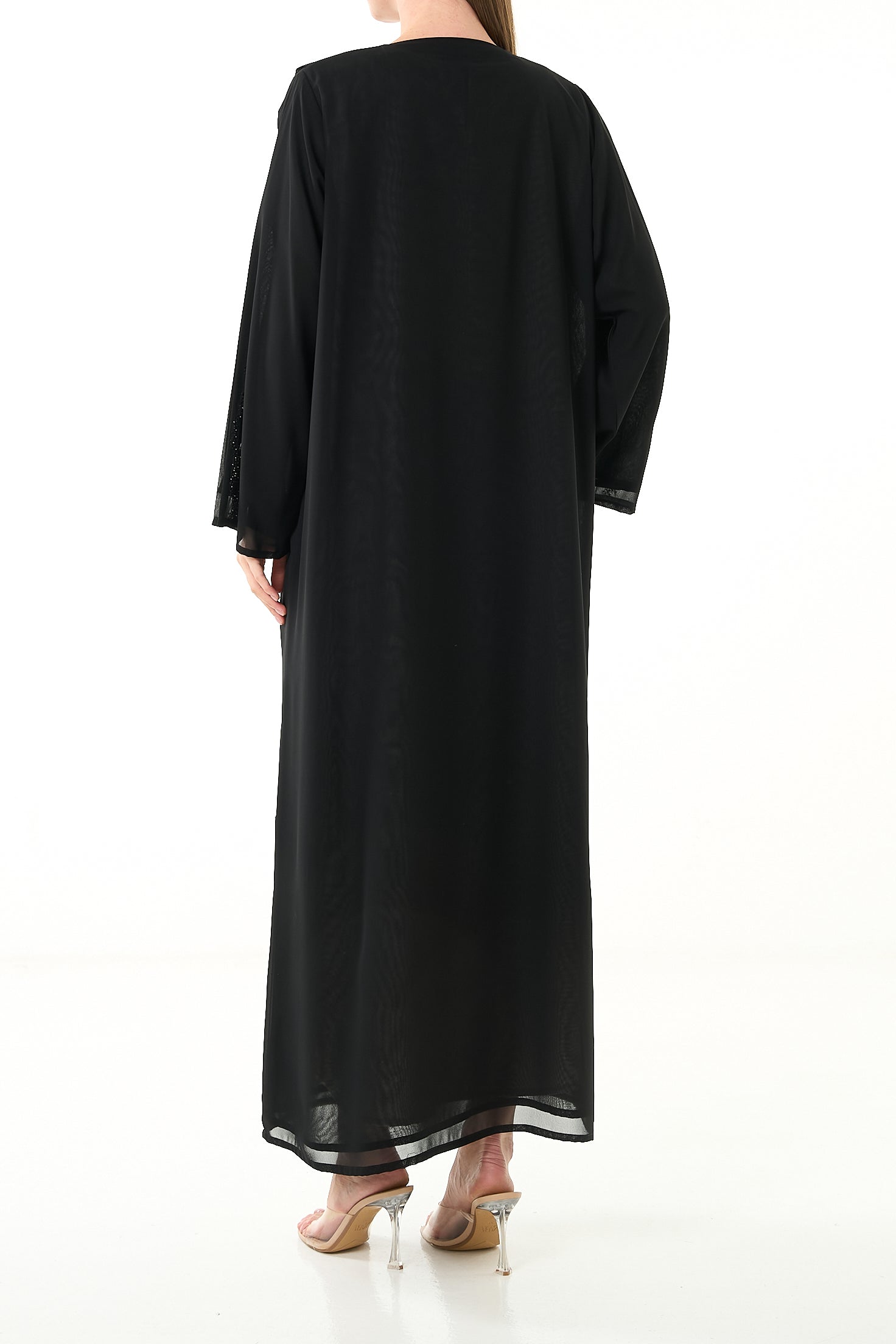 Black Khalifa Chiffon Abaya with Front Star Design and Hand Beadwork - Posh Abaya