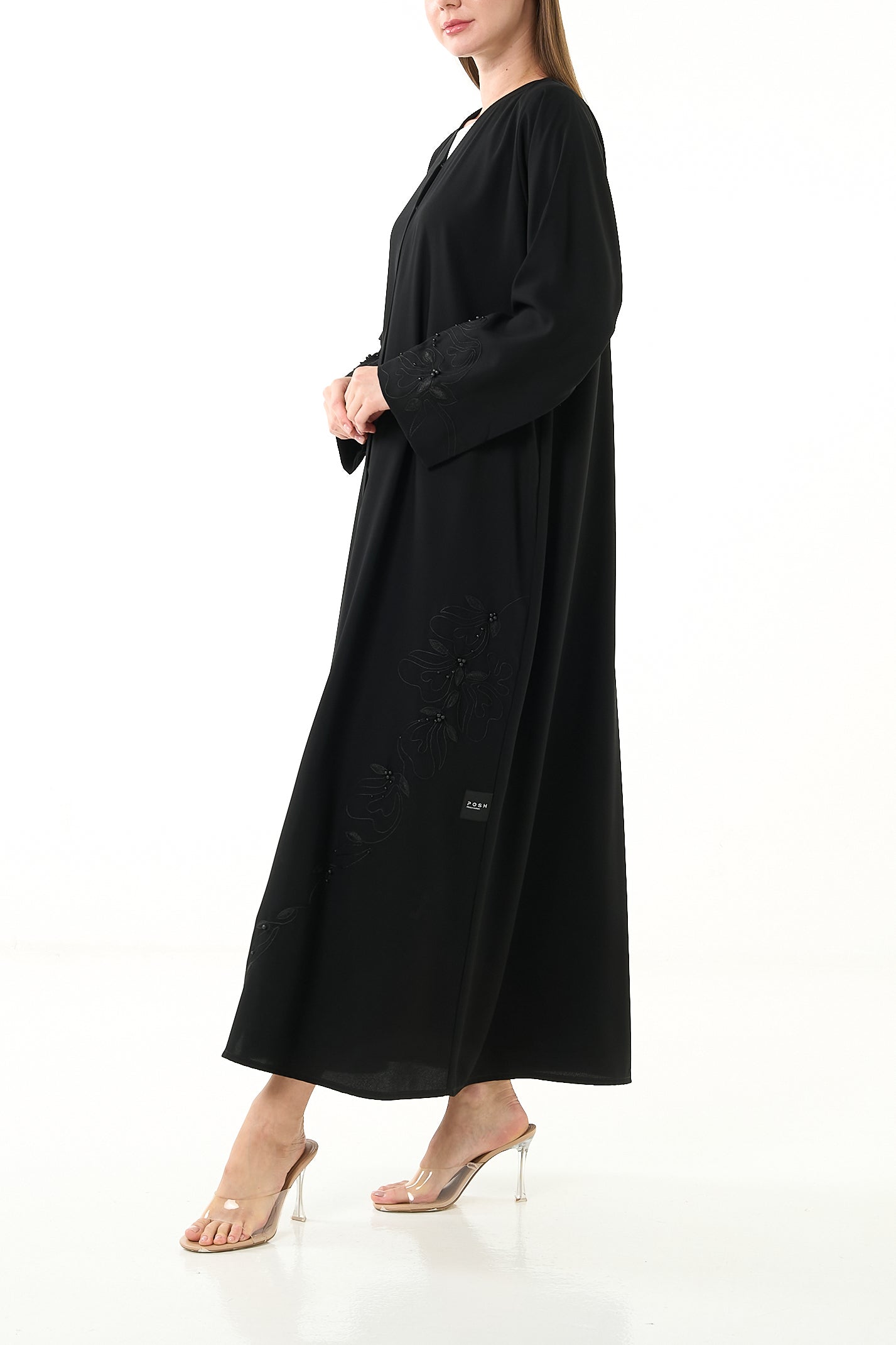 Black Maya Crepe Abaya with Straight Cut and Subtle Embroidered Detail - Posh Abaya