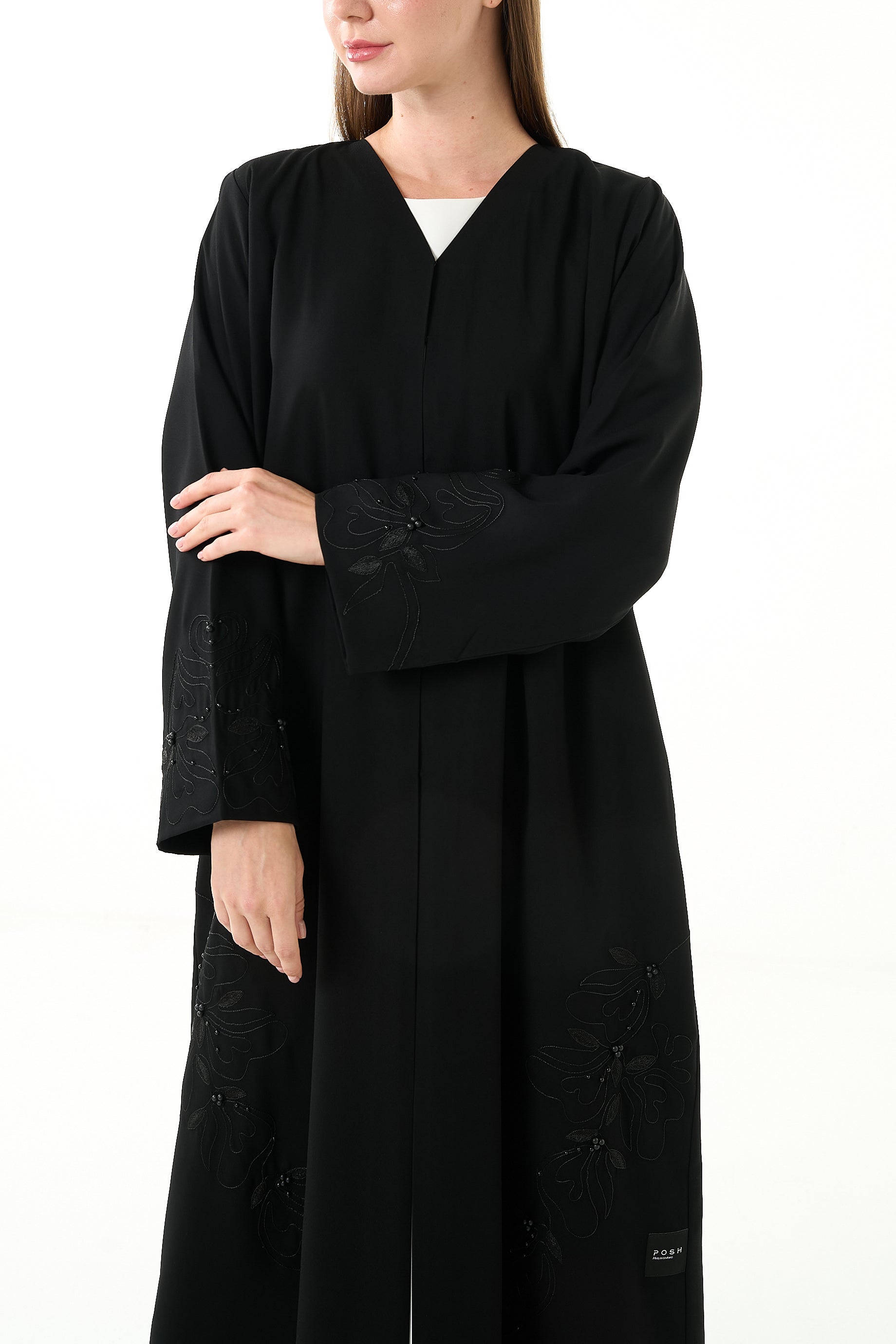 Black Maya Crepe Abaya with Straight Cut and Subtle Embroidered Detail - Posh Abaya
