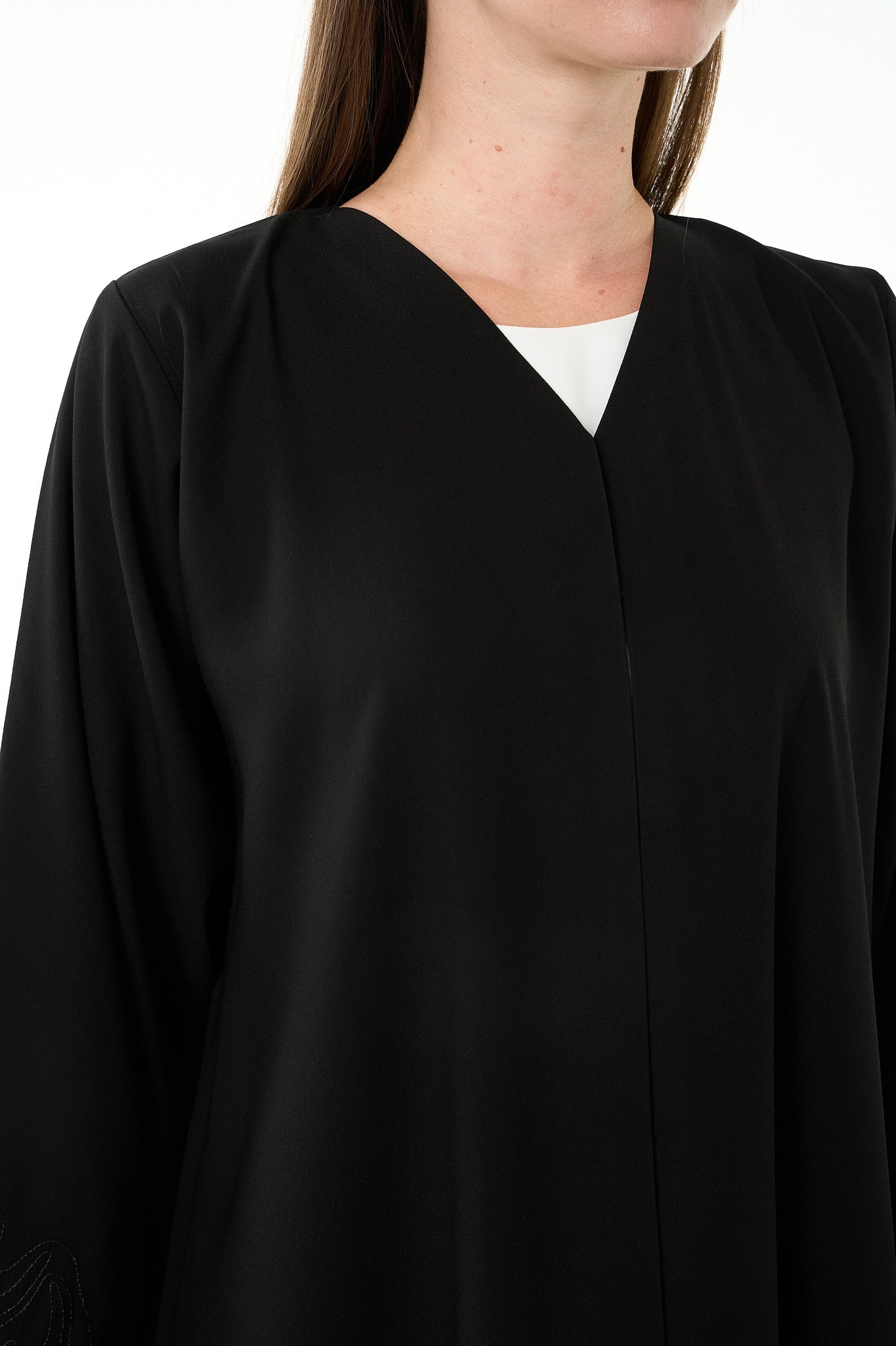 Black Maya Crepe Abaya with Straight Cut and Subtle Embroidered Detail - Posh Abaya