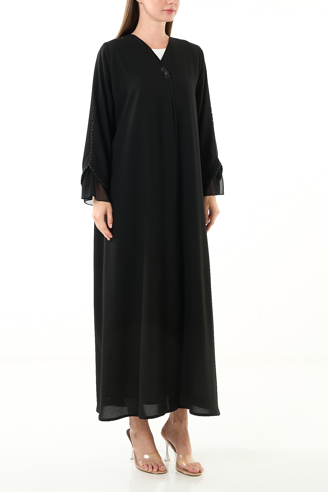 Black Claire Crepe Abaya with Overlap Pleats and Mixed Beadwork on Chiffon Sleeves - Posh Abaya