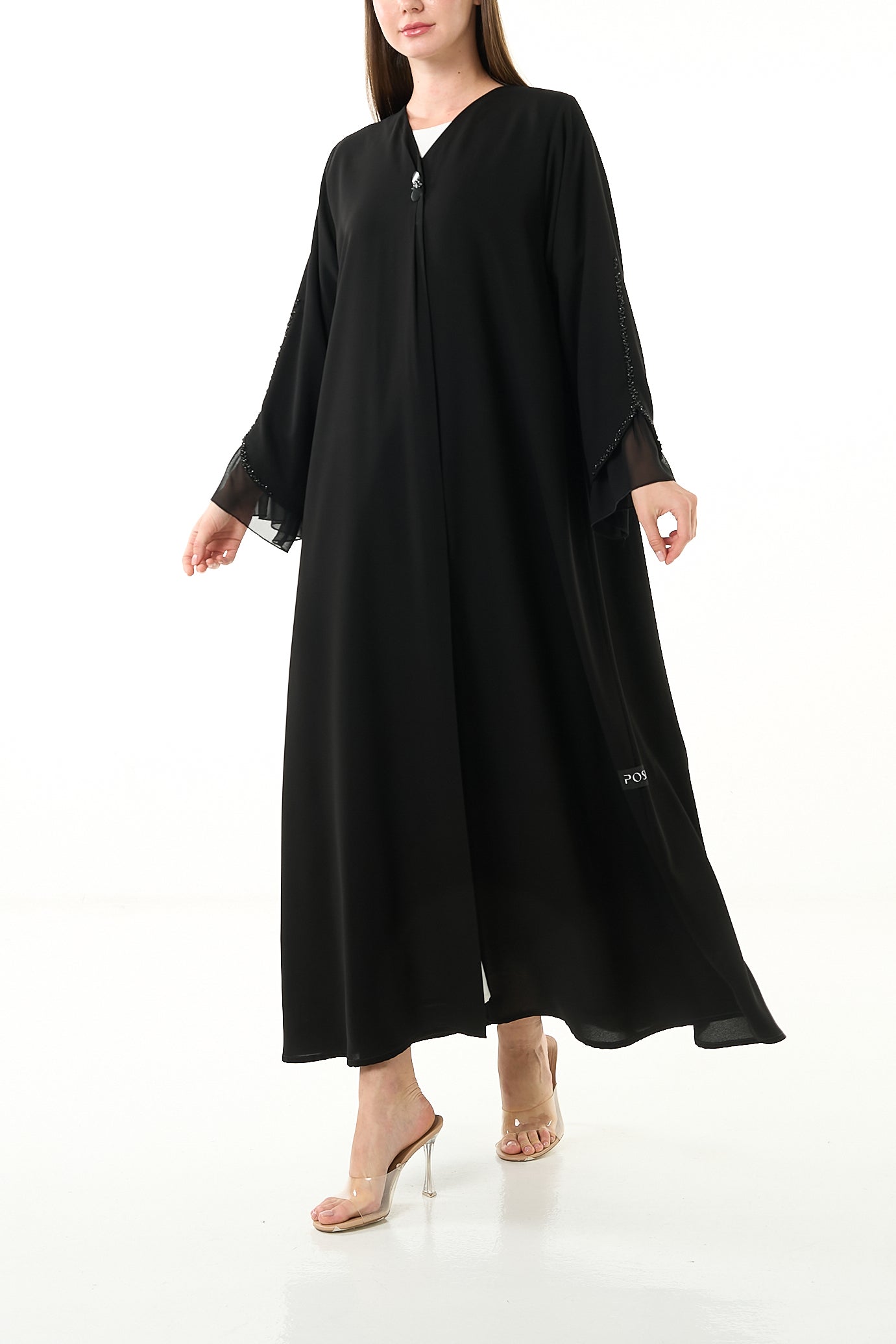 Black Claire Crepe Abaya with Overlap Pleats and Mixed Beadwork on Chiffon Sleeves - Posh Abaya