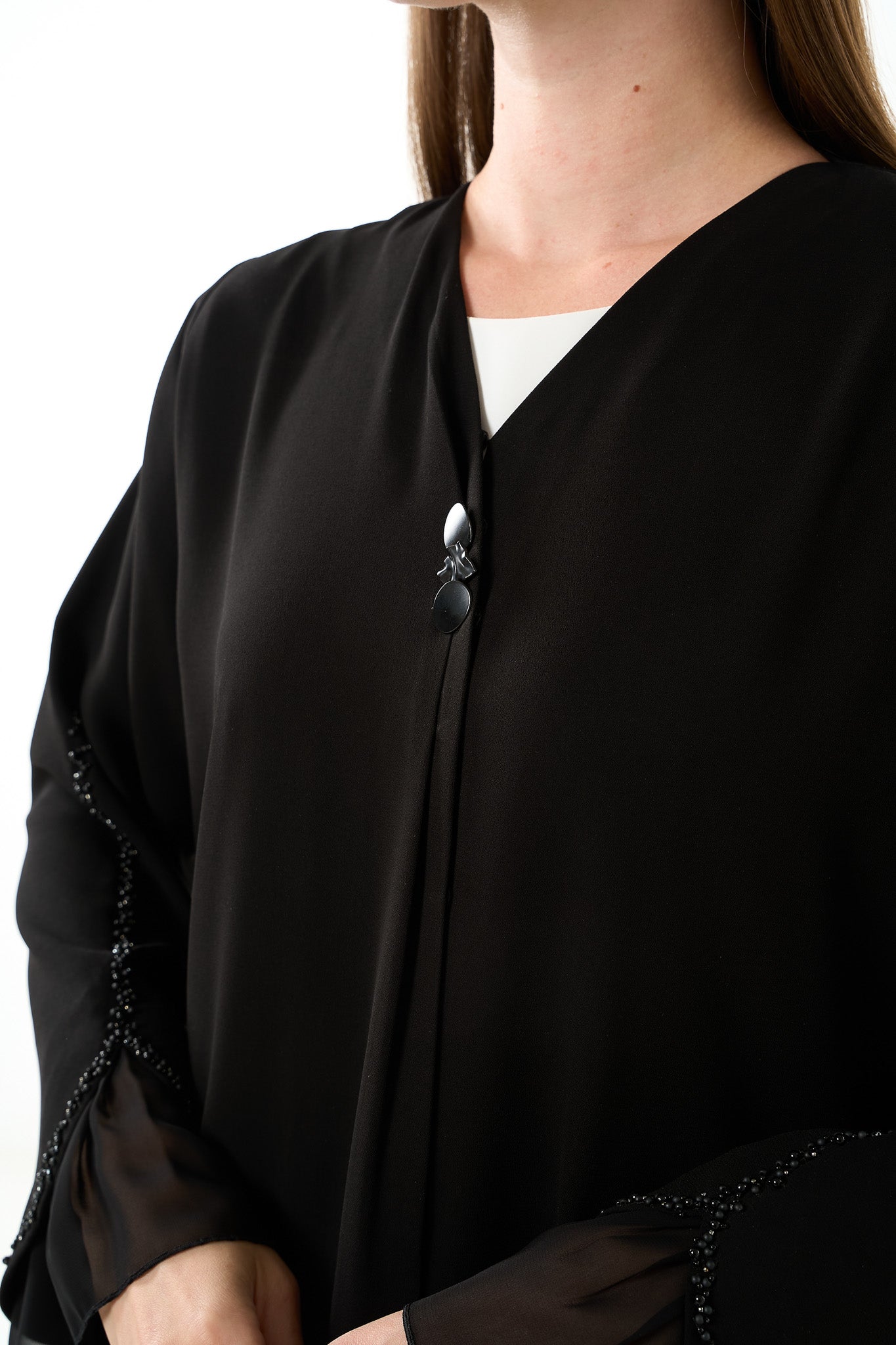 Black Claire Crepe Abaya with Overlap Pleats and Mixed Beadwork on Chiffon Sleeves - Posh Abaya