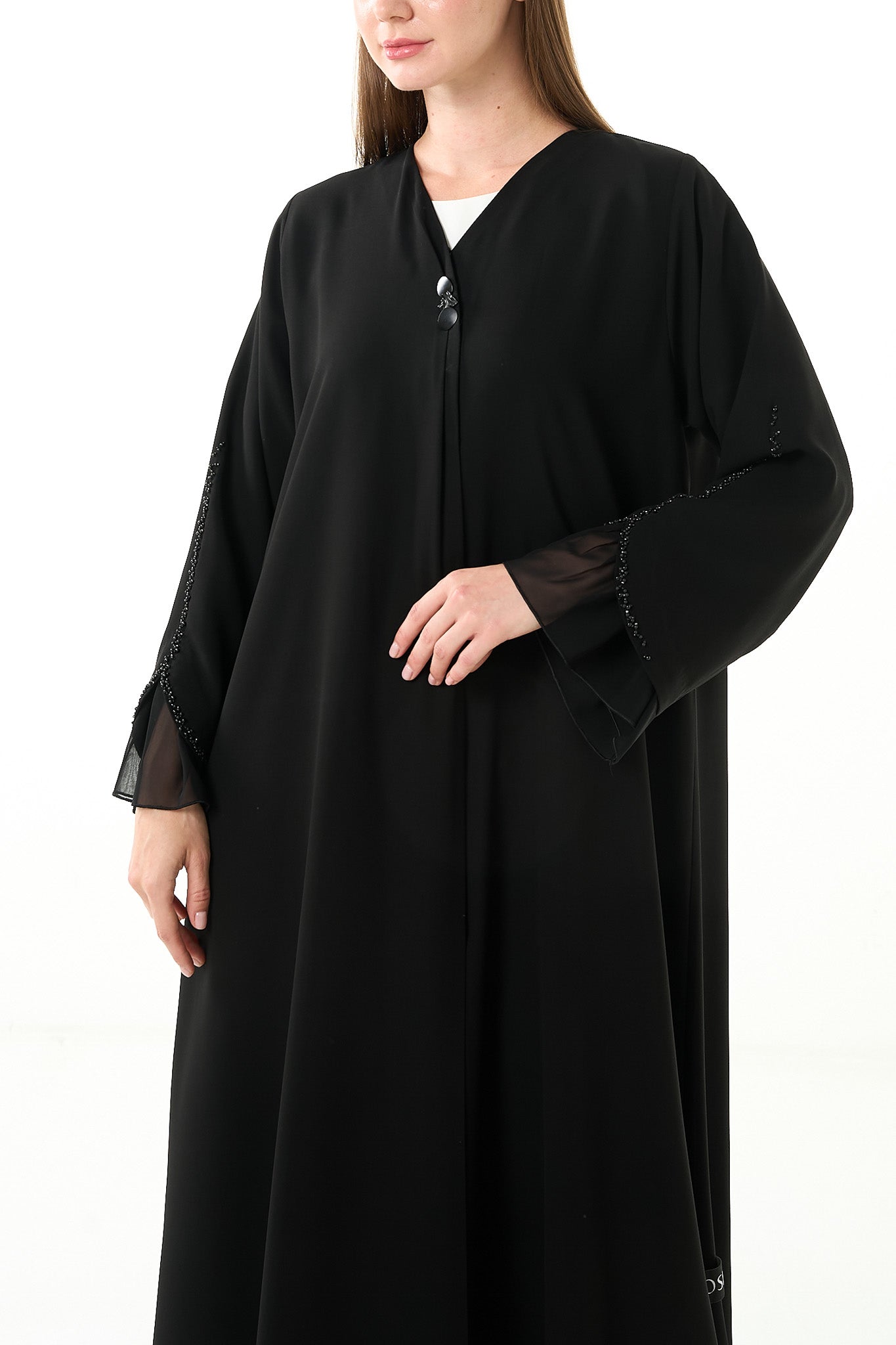 Black Claire Crepe Abaya with Overlap Pleats and Mixed Beadwork on Chiffon Sleeves - Posh Abaya