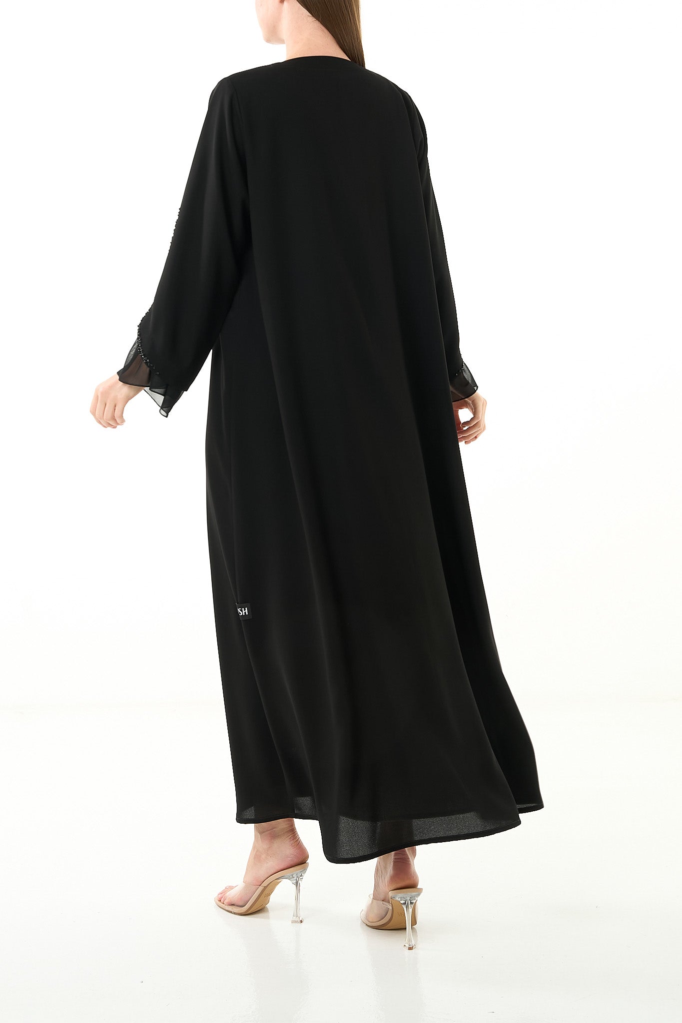 Black Claire Crepe Abaya with Overlap Pleats and Mixed Beadwork on Chiffon Sleeves - Posh Abaya