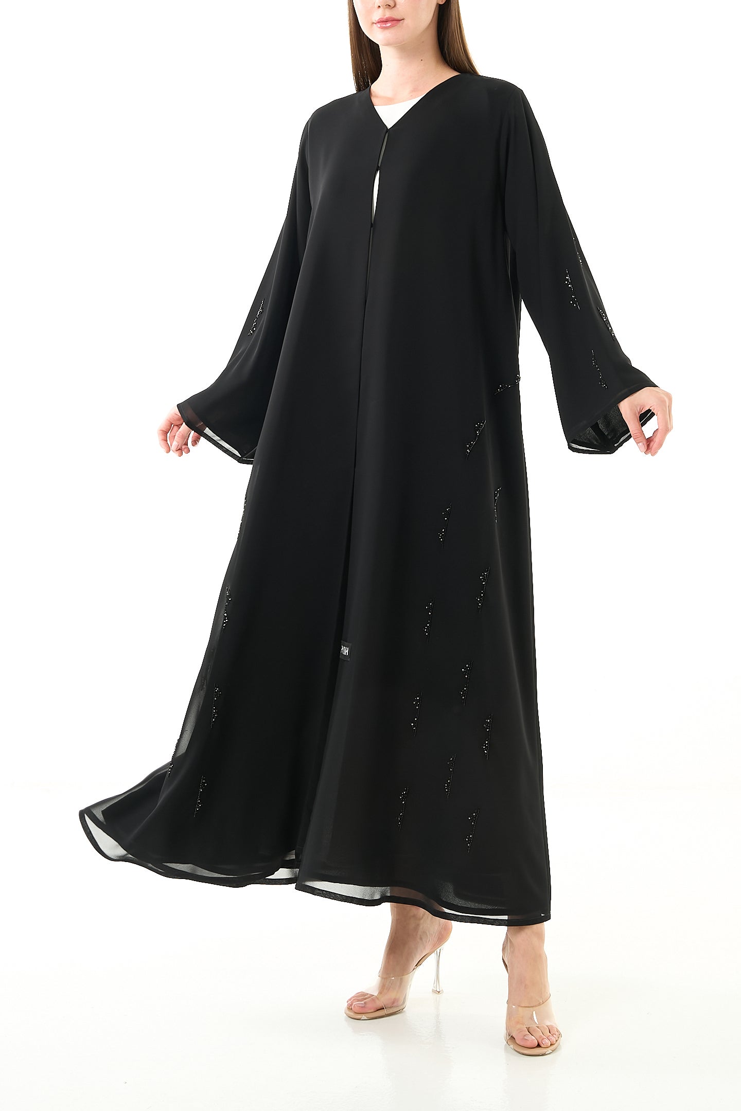 Black Malika Chiffon Abaya with Katka Beadwork and Layered Hem Detail - Posh Abaya