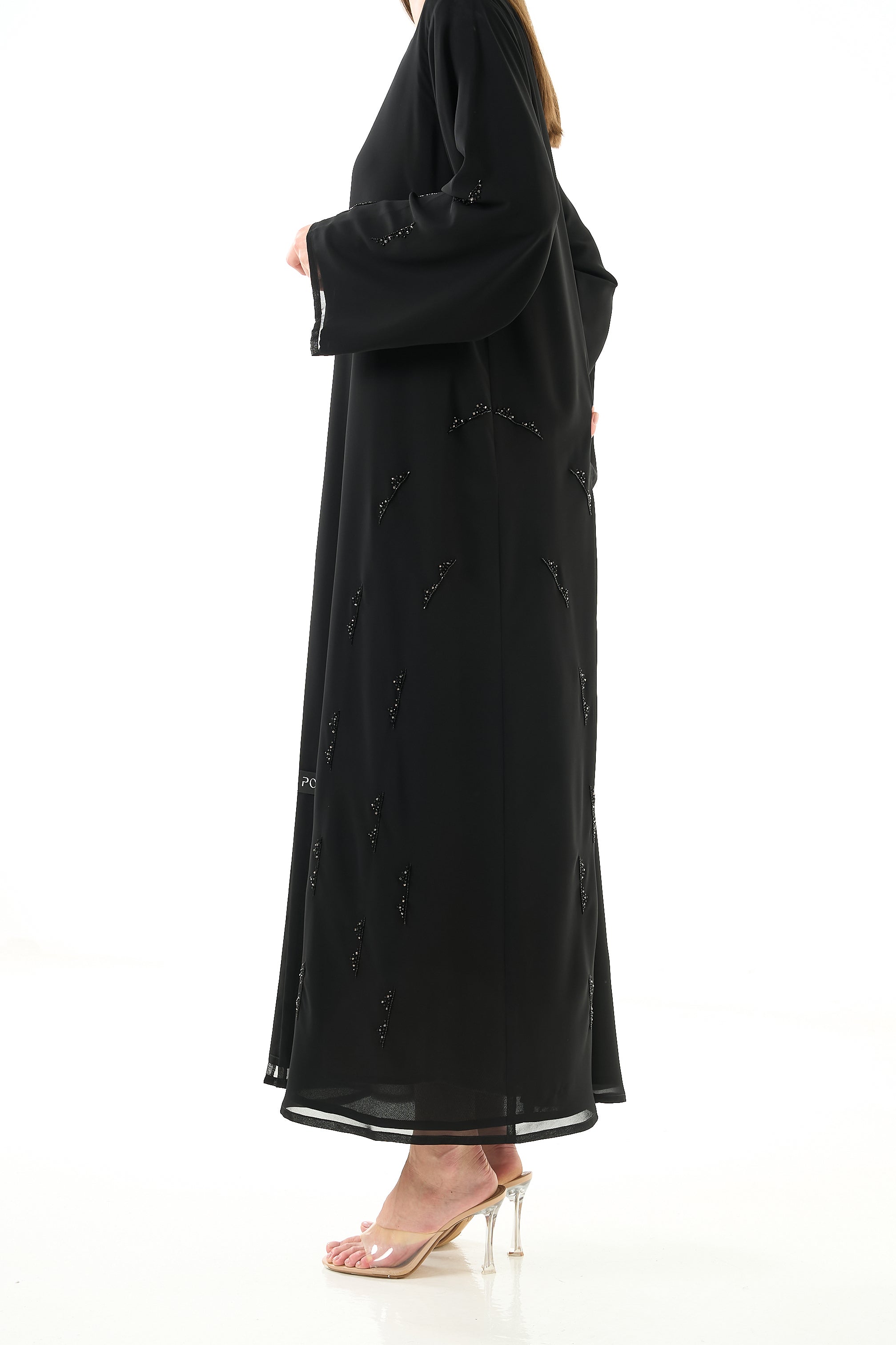 Black Malika Chiffon Abaya with Katka Beadwork and Layered Hem Detail - Posh Abaya