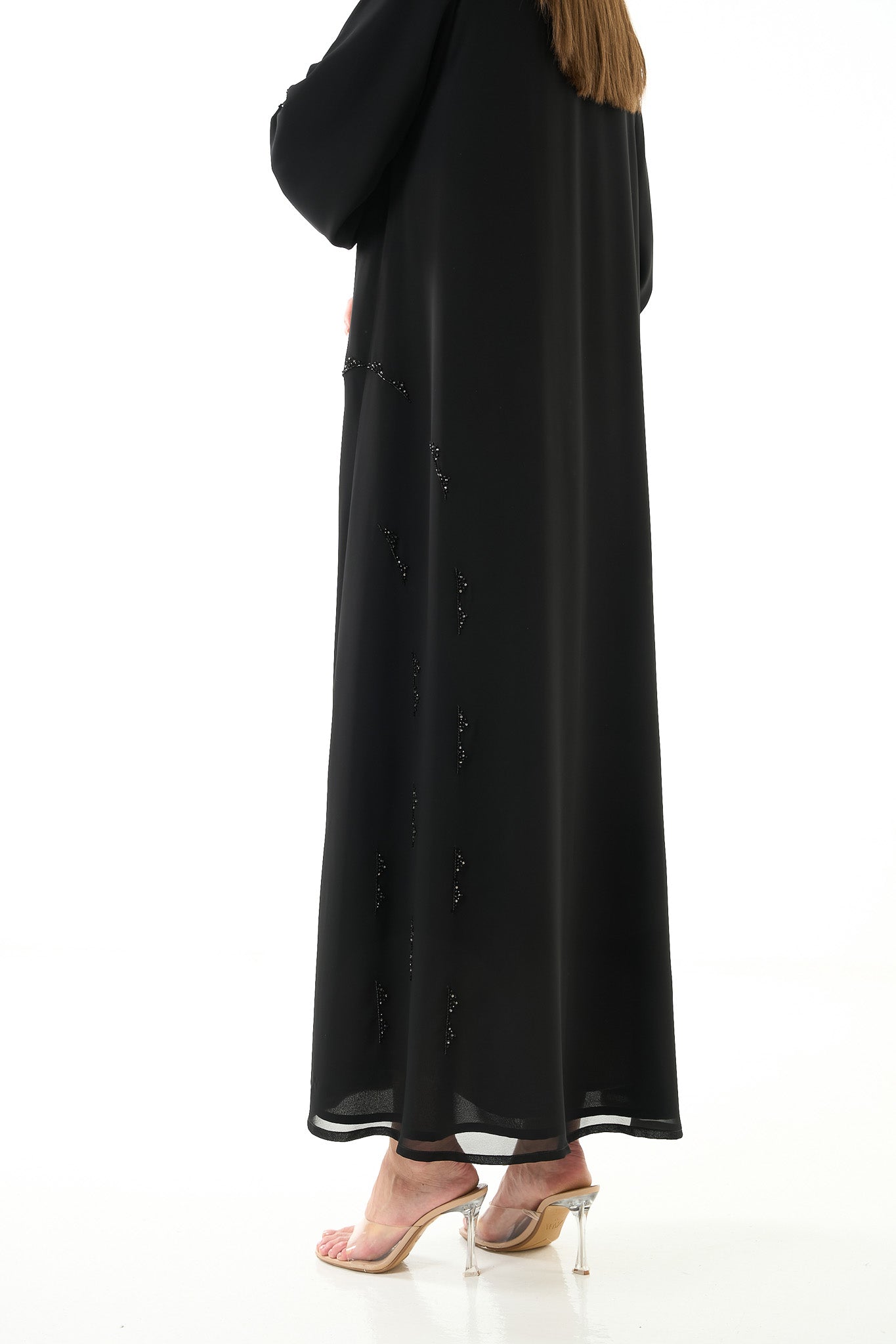 Black Malika Chiffon Abaya with Katka Beadwork and Layered Hem Detail - Posh Abaya