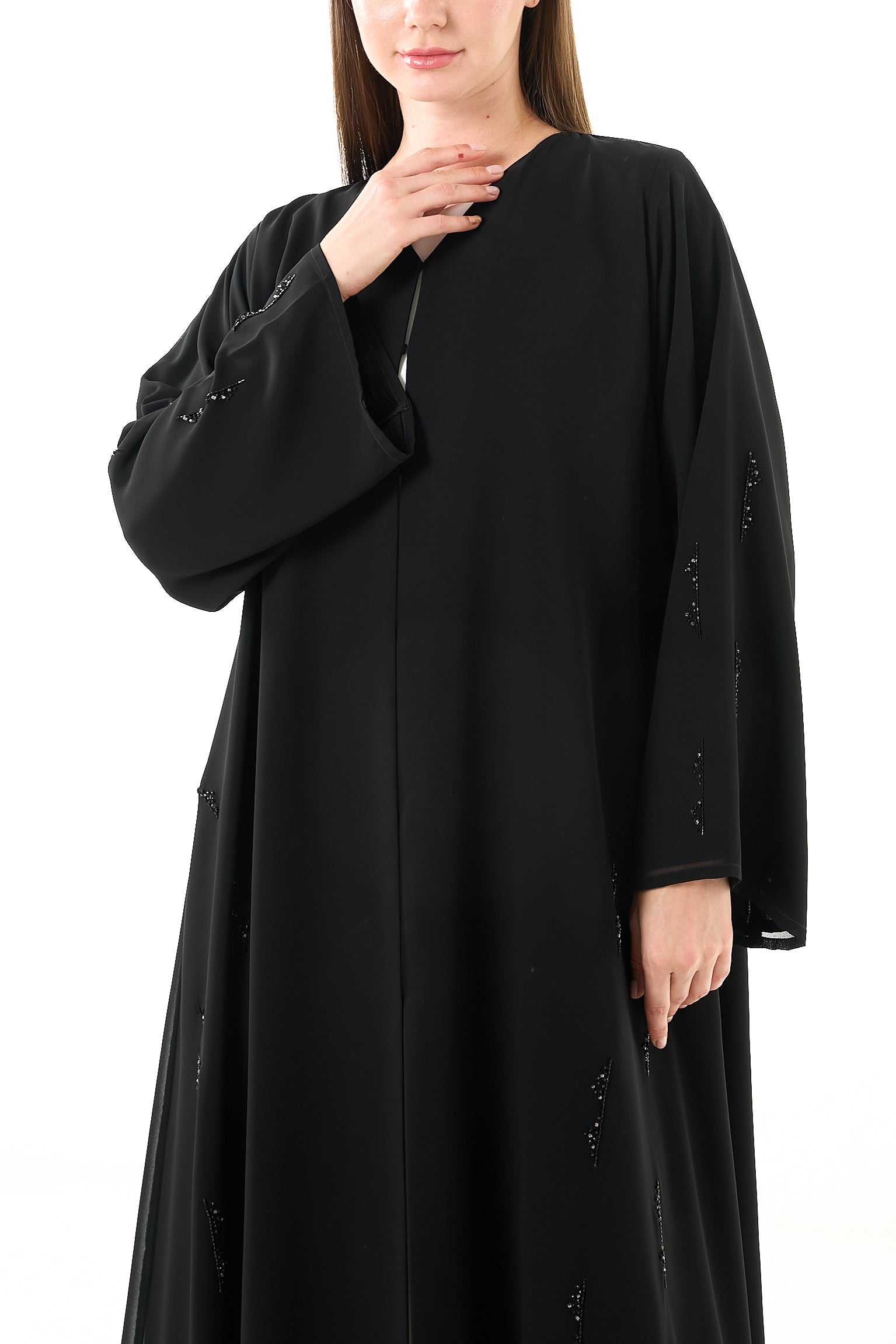 Black Malika Chiffon Abaya with Katka Beadwork and Layered Hem Detail - Posh Abaya