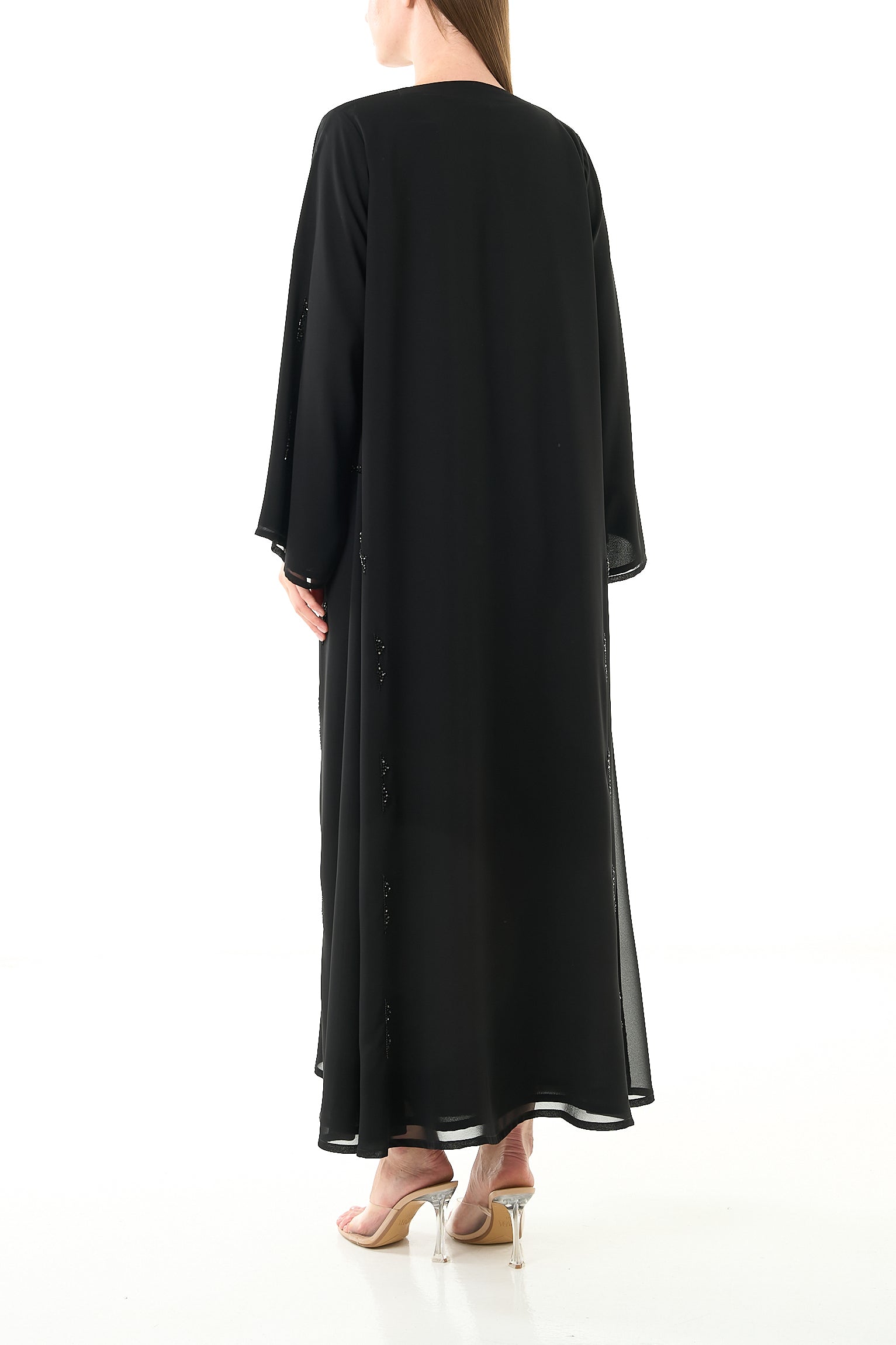 Black Malika Chiffon Abaya with Katka Beadwork and Layered Hem Detail - Posh Abaya