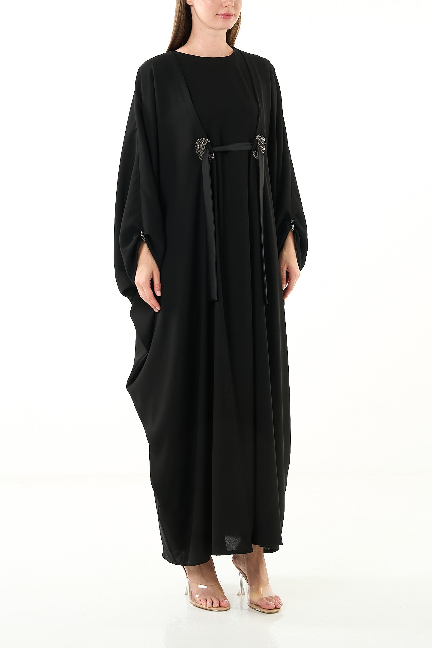Black Claire Crepe Abaya with Gathered Front Panels and Crystal Bead Detail - Posh Abaya
