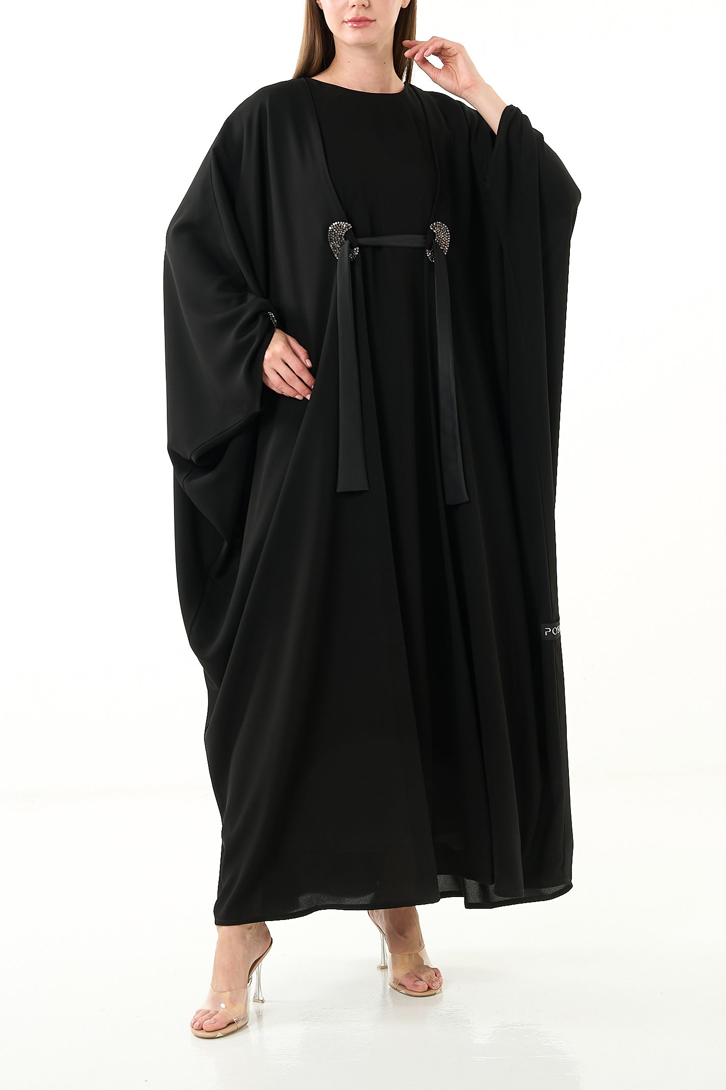 Black Claire Crepe Abaya with Gathered Front Panels and Crystal Bead Detail - Posh Abaya