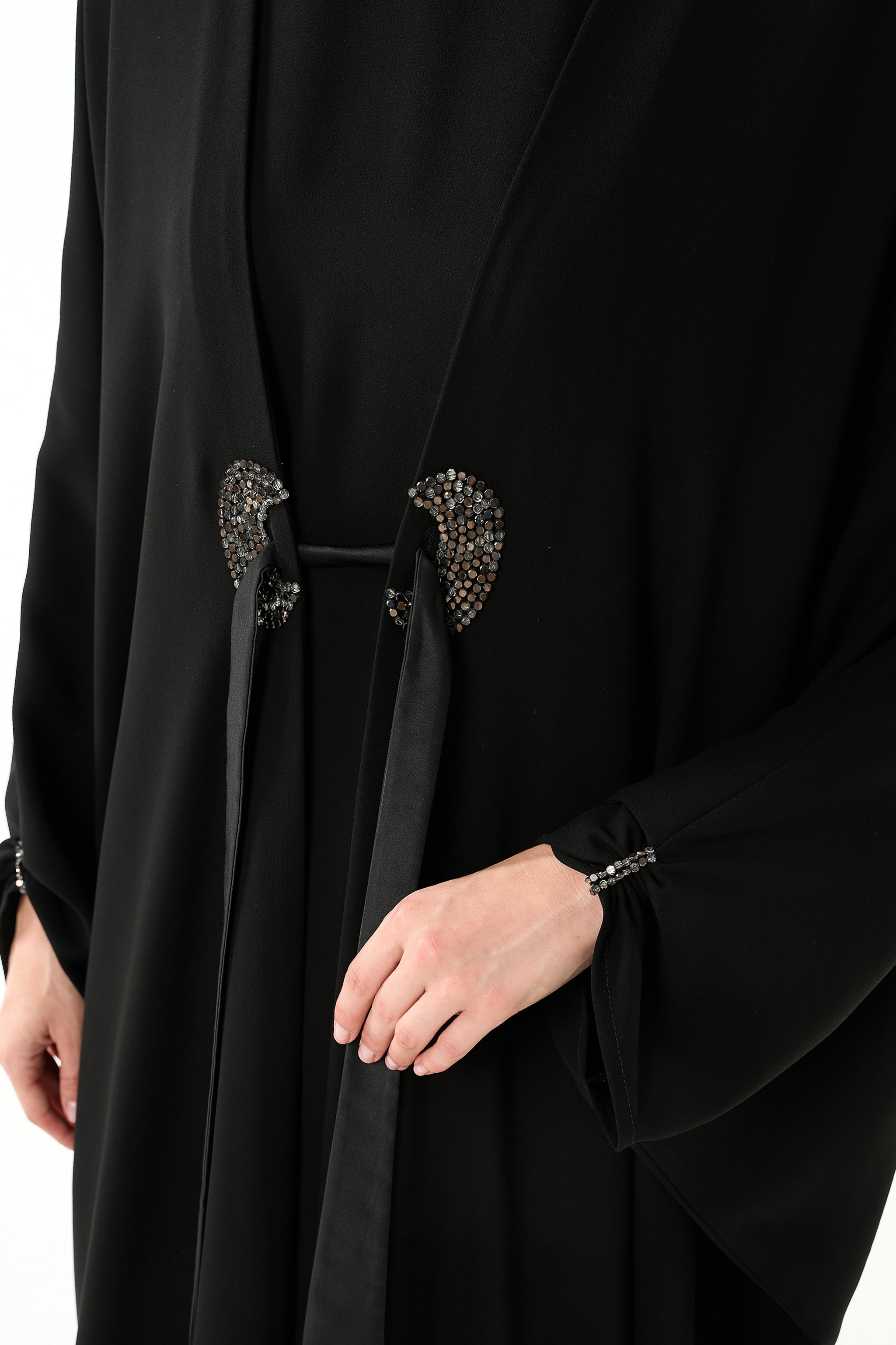 Black Claire Crepe Abaya with Gathered Front Panels and Crystal Bead Detail - Posh Abaya