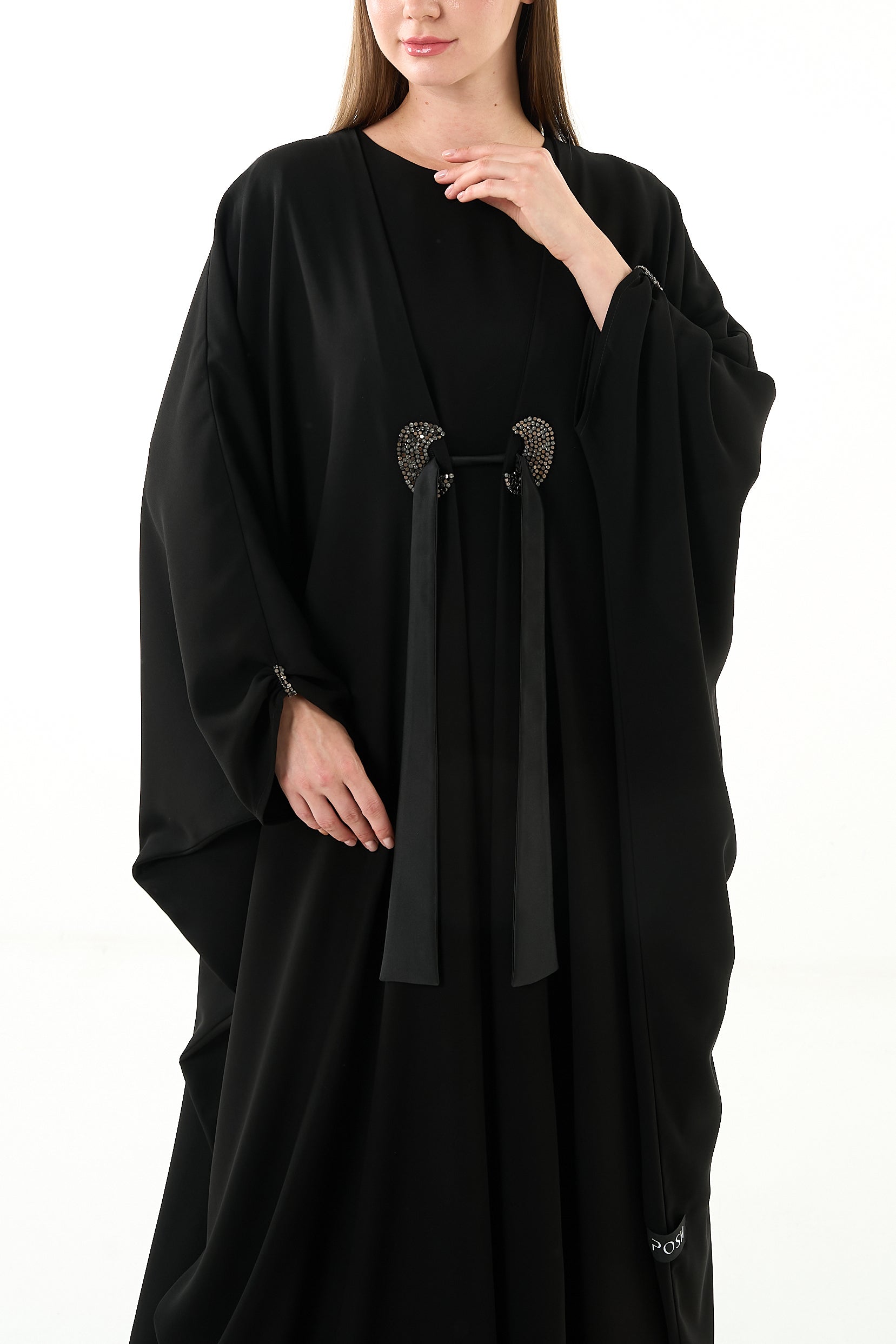 Black Claire Crepe Abaya with Gathered Front Panels and Crystal Bead Detail - Posh Abaya