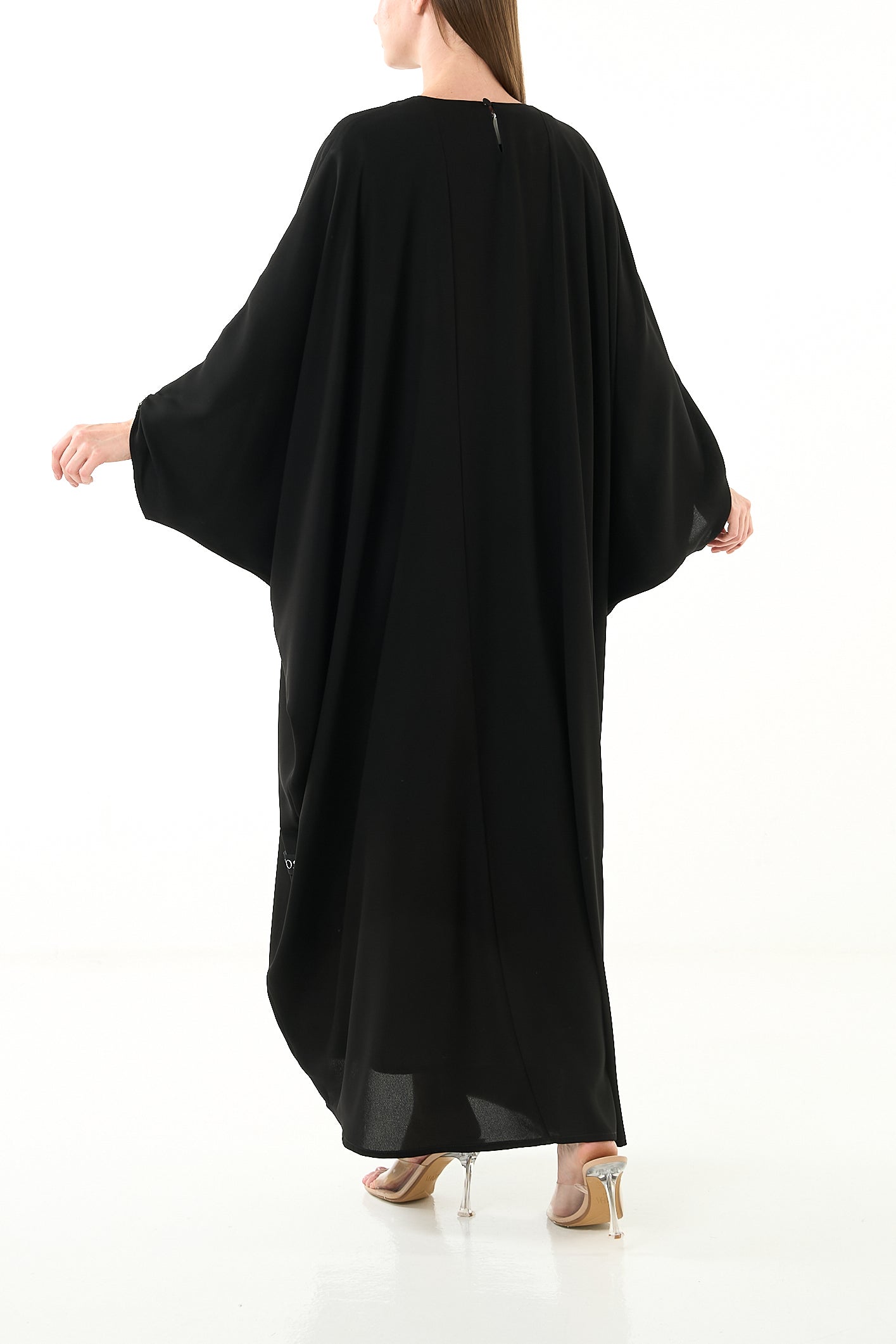 Black Claire Crepe Abaya with Gathered Front Panels and Crystal Bead Detail - Posh Abaya