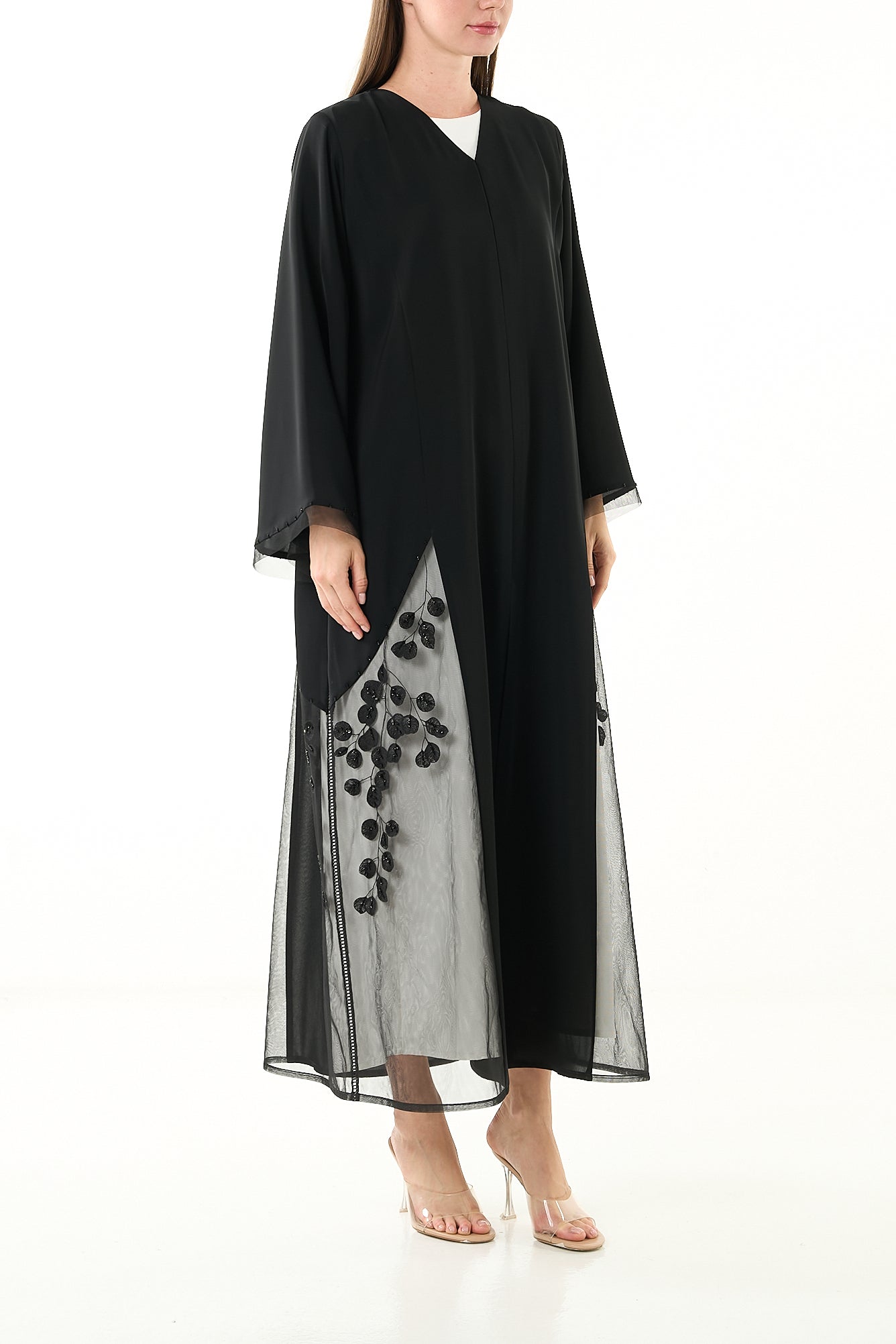 Black Royal Nada Abaya with Crystal Embellishment and Double Net Layering - Posh Abaya