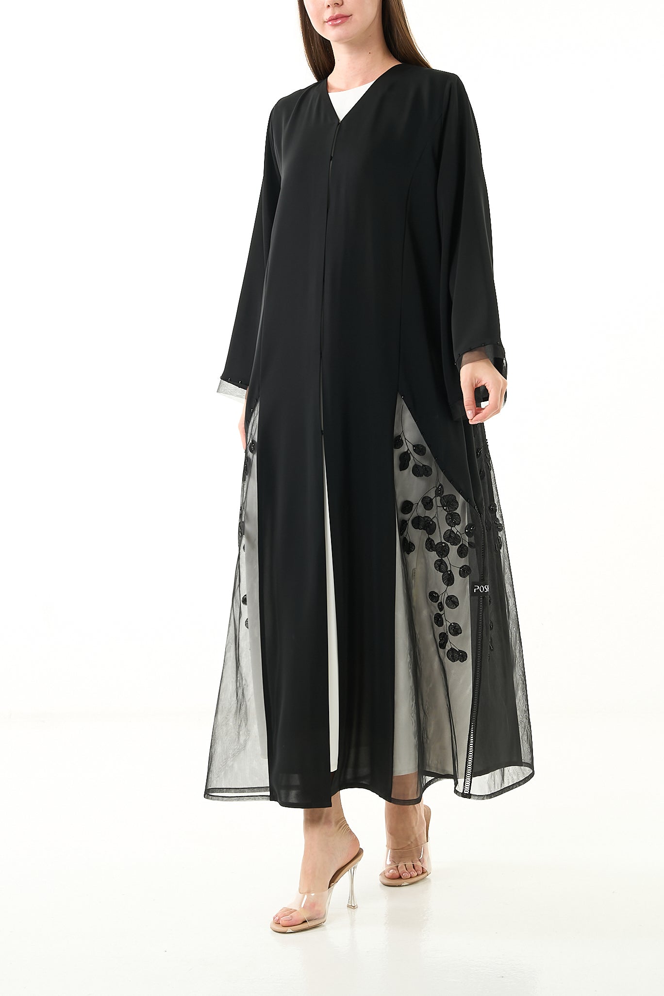 Black Royal Nada Abaya with Crystal Embellishment and Double Net Layering - Posh Abaya