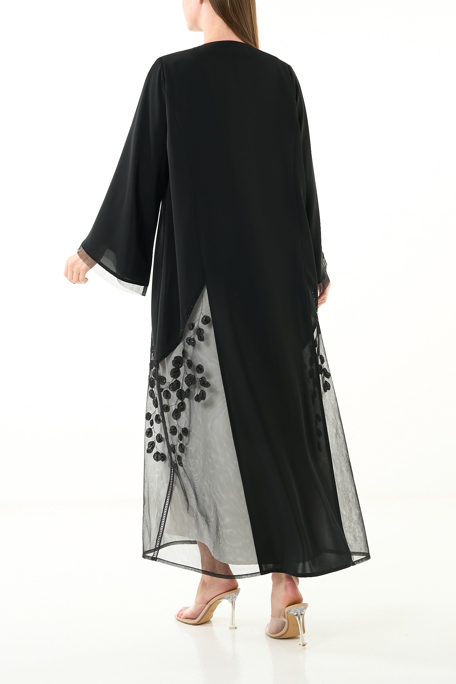 Black Royal Nada Abaya with Crystal Embellishment and Double Net Layering - Posh Abaya