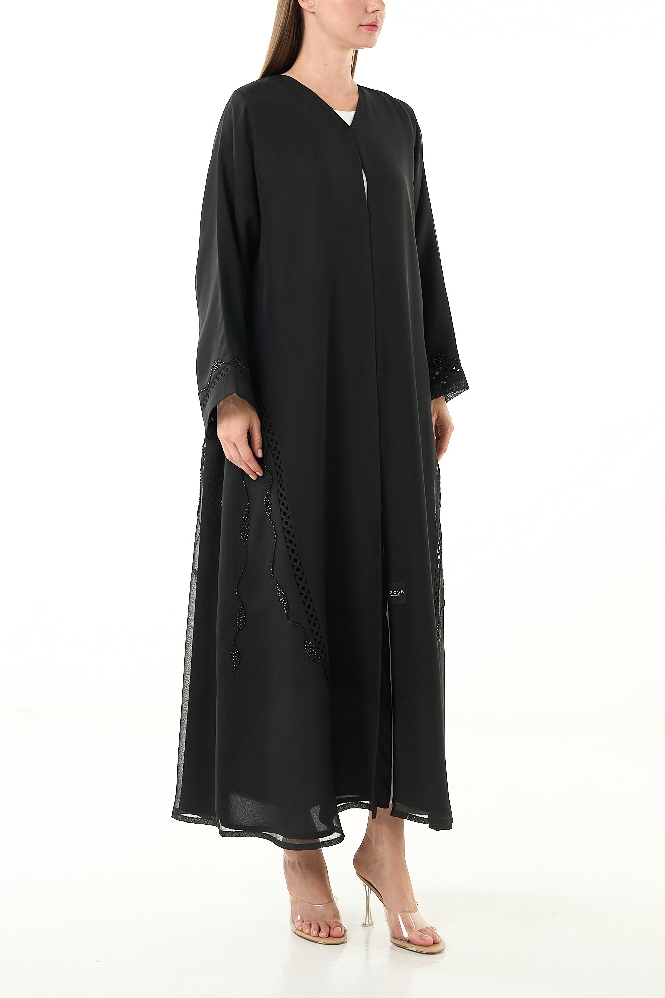 Black Sada Organza Abaya with Lace Detail and Front Bead Embellishment - Posh Abaya