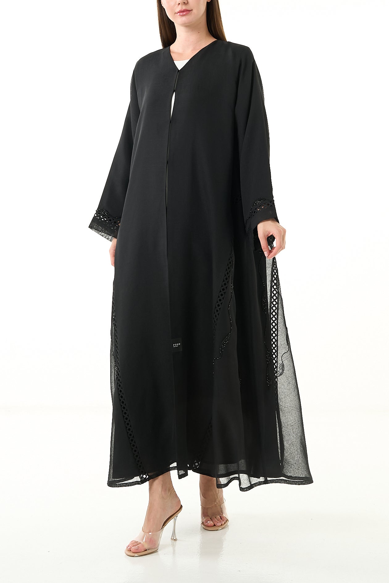 Black Sada Organza Abaya with Lace Detail and Front Bead Embellishment - Posh Abaya