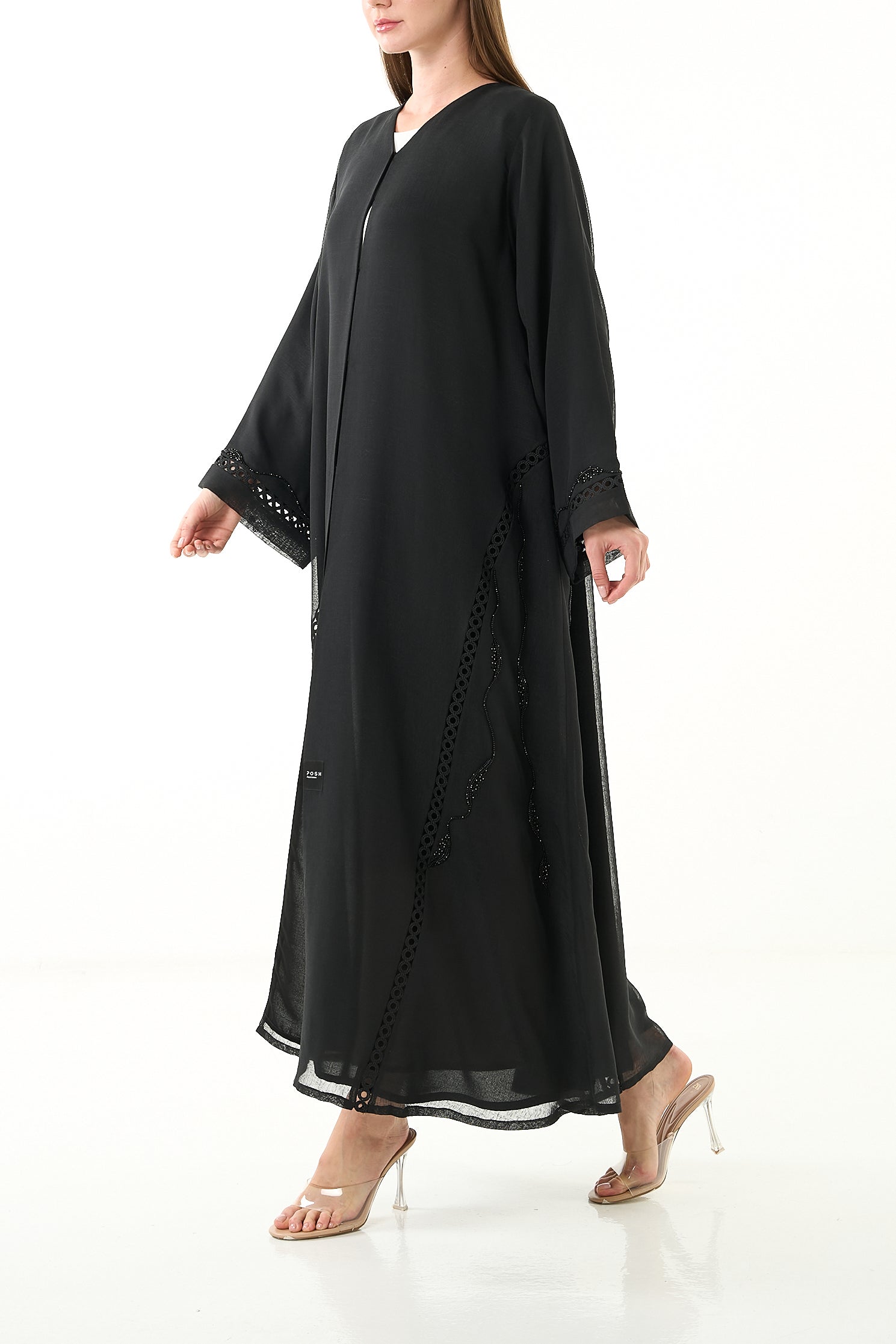 Black Sada Organza Abaya with Lace Detail and Front Bead Embellishment - Posh Abaya