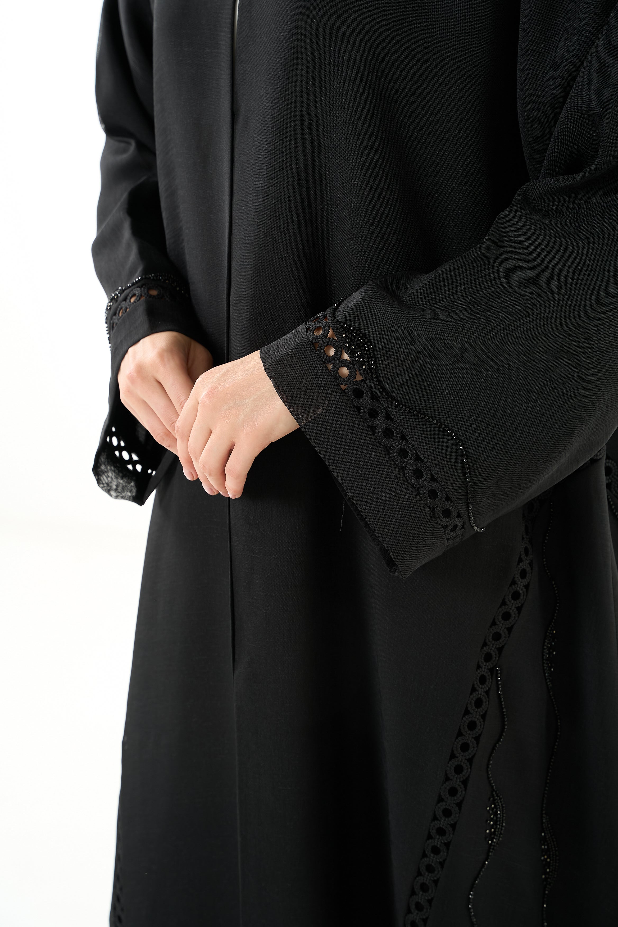 Black Sada Organza Abaya with Lace Detail and Front Bead Embellishment - Posh Abaya