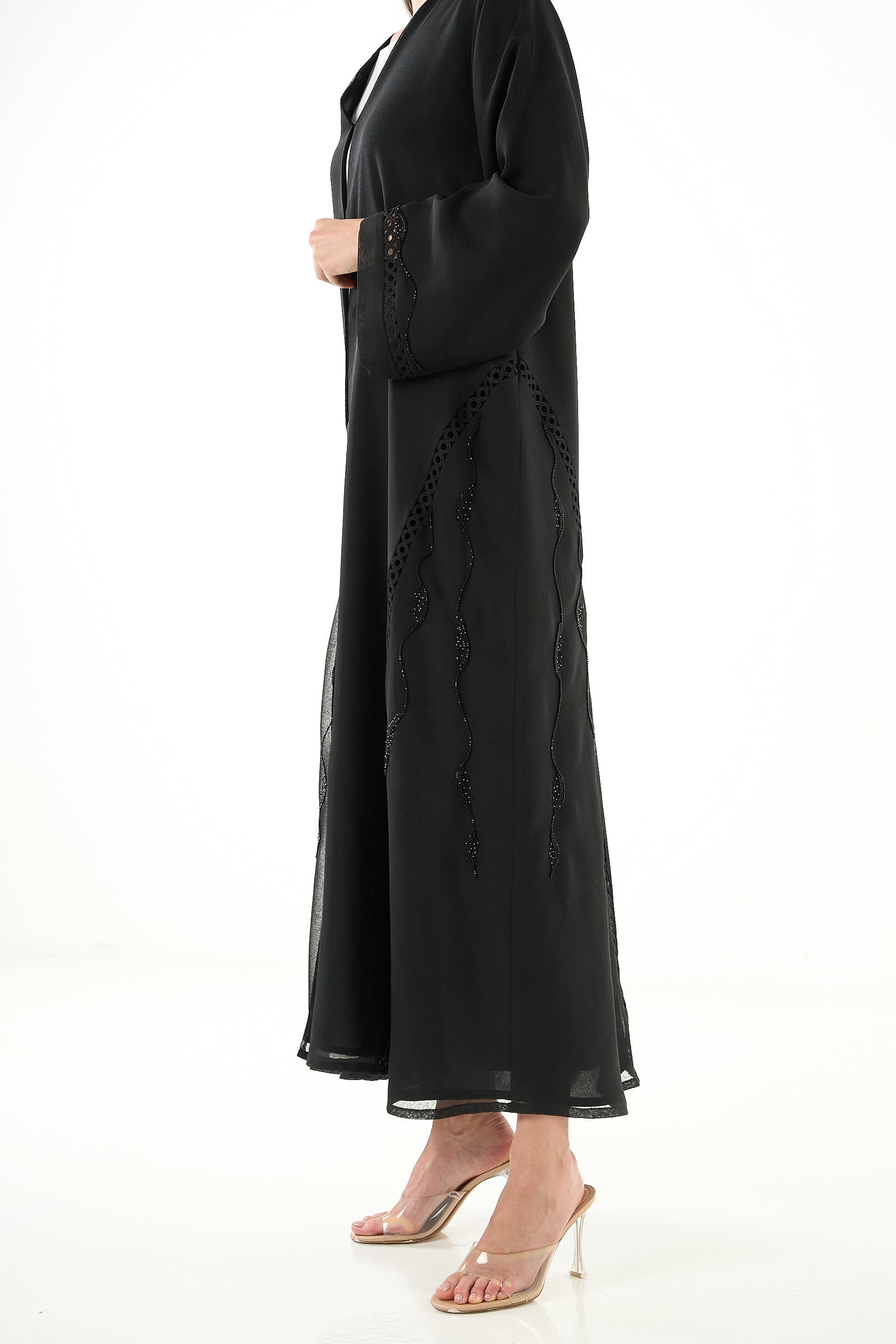 Black Sada Organza Abaya with Lace Detail and Front Bead Embellishment - Posh Abaya