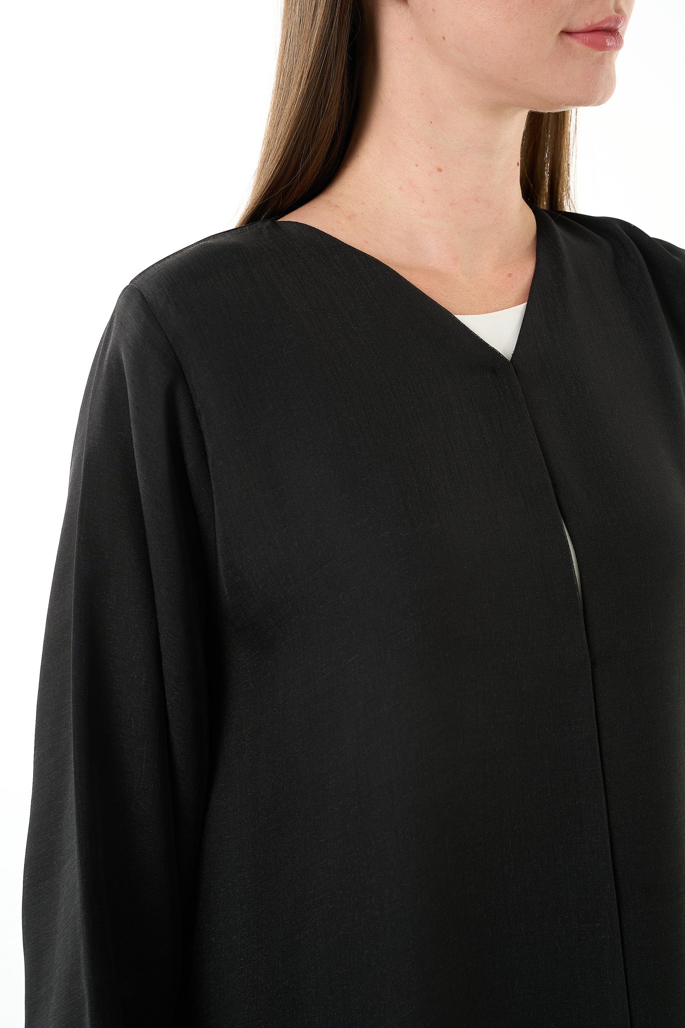 Black Sada Organza Abaya with Lace Detail and Front Bead Embellishment - Posh Abaya