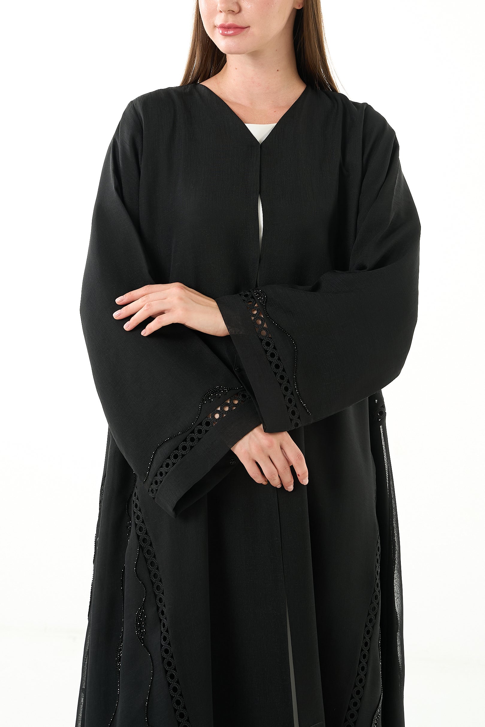 Black Sada Organza Abaya with Lace Detail and Front Bead Embellishment - Posh Abaya