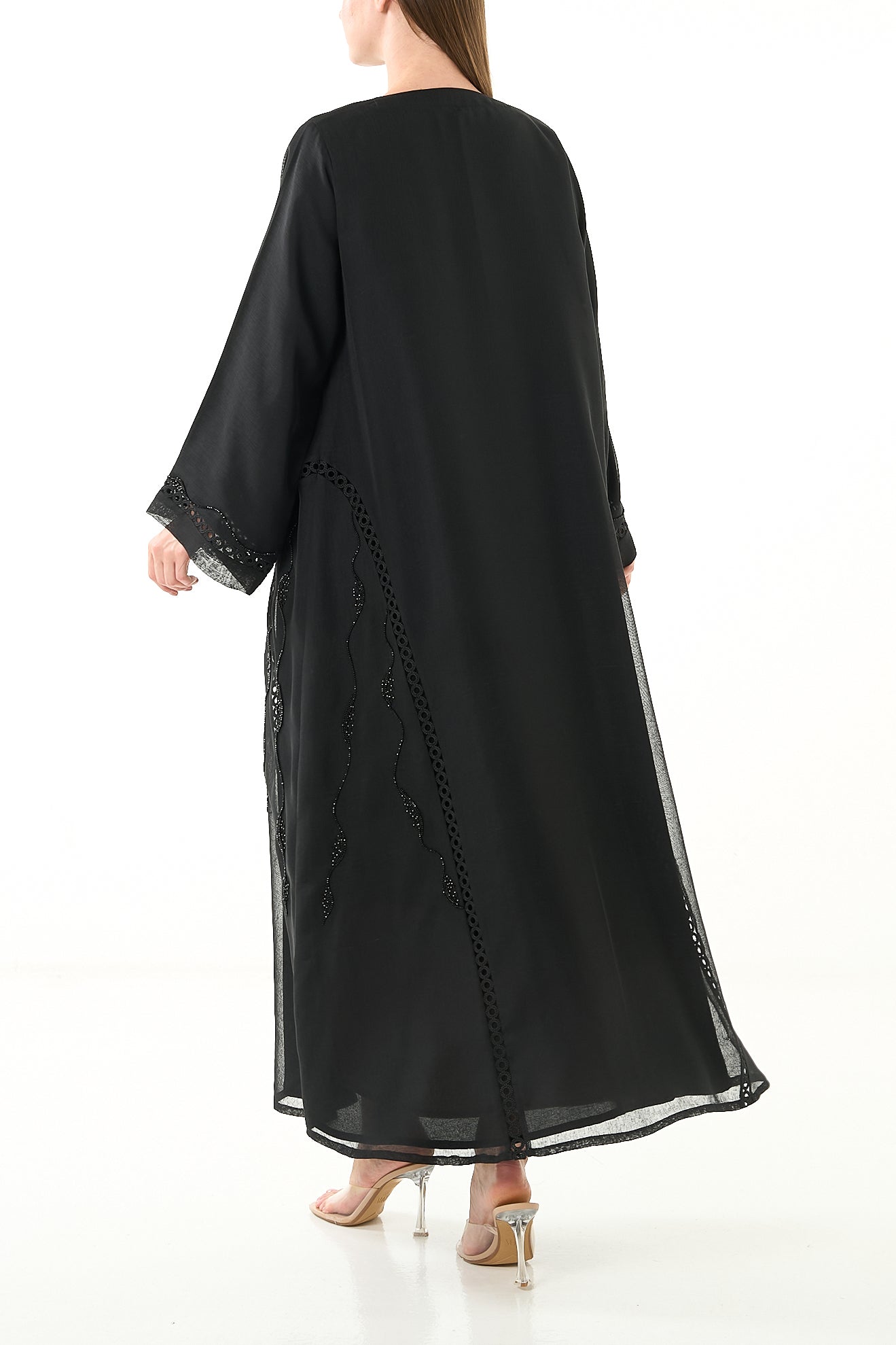 Black Sada Organza Abaya with Lace Detail and Front Bead Embellishment - Posh Abaya