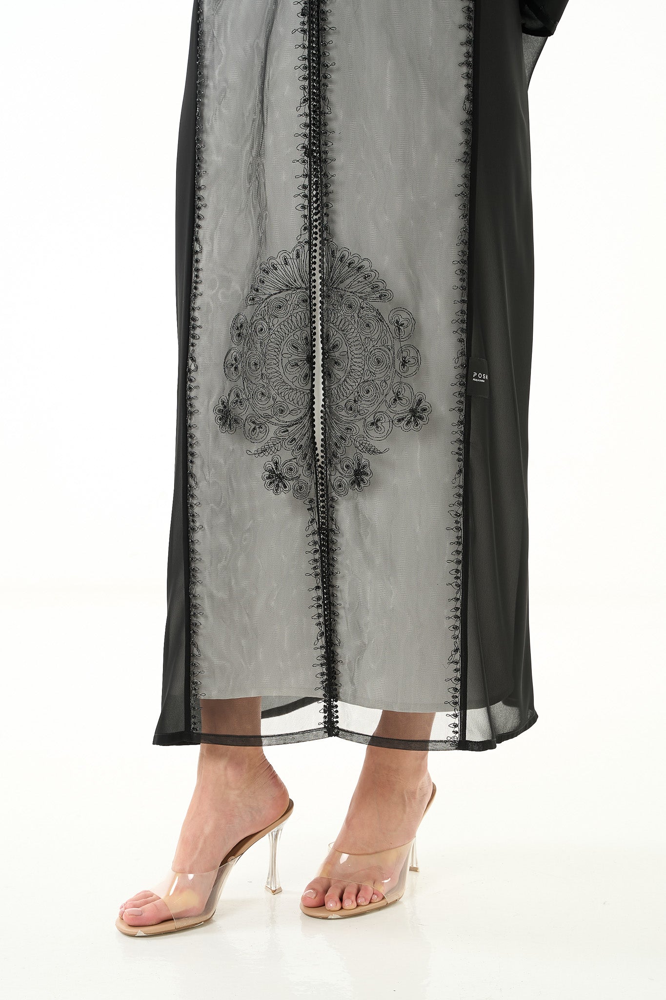 Black Malika Chiffon Abaya with Net Back Panel and Bead Embellishment - Posh Abaya