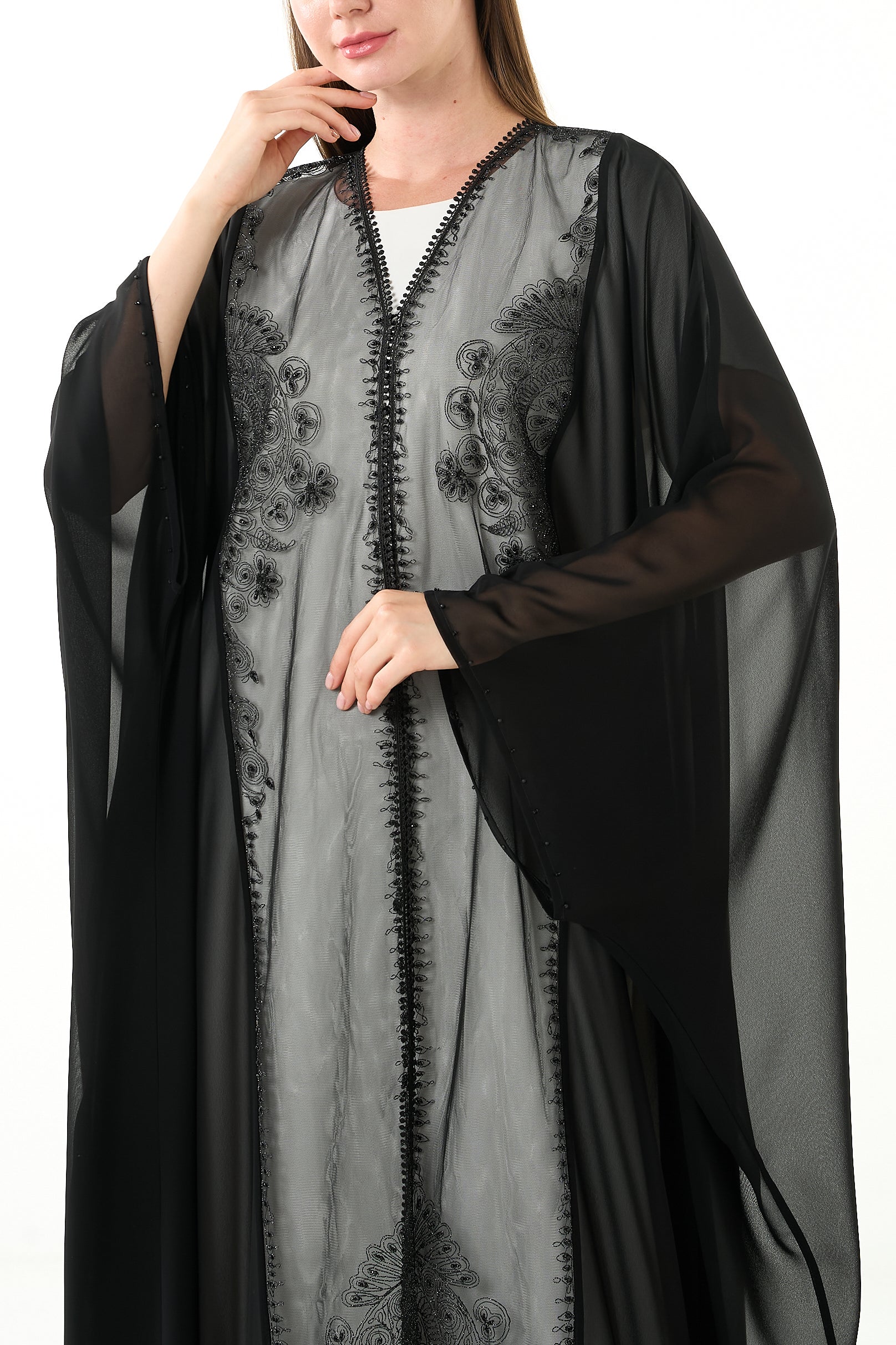 Black Malika Chiffon Abaya with Net Back Panel and Bead Embellishment - Posh Abaya